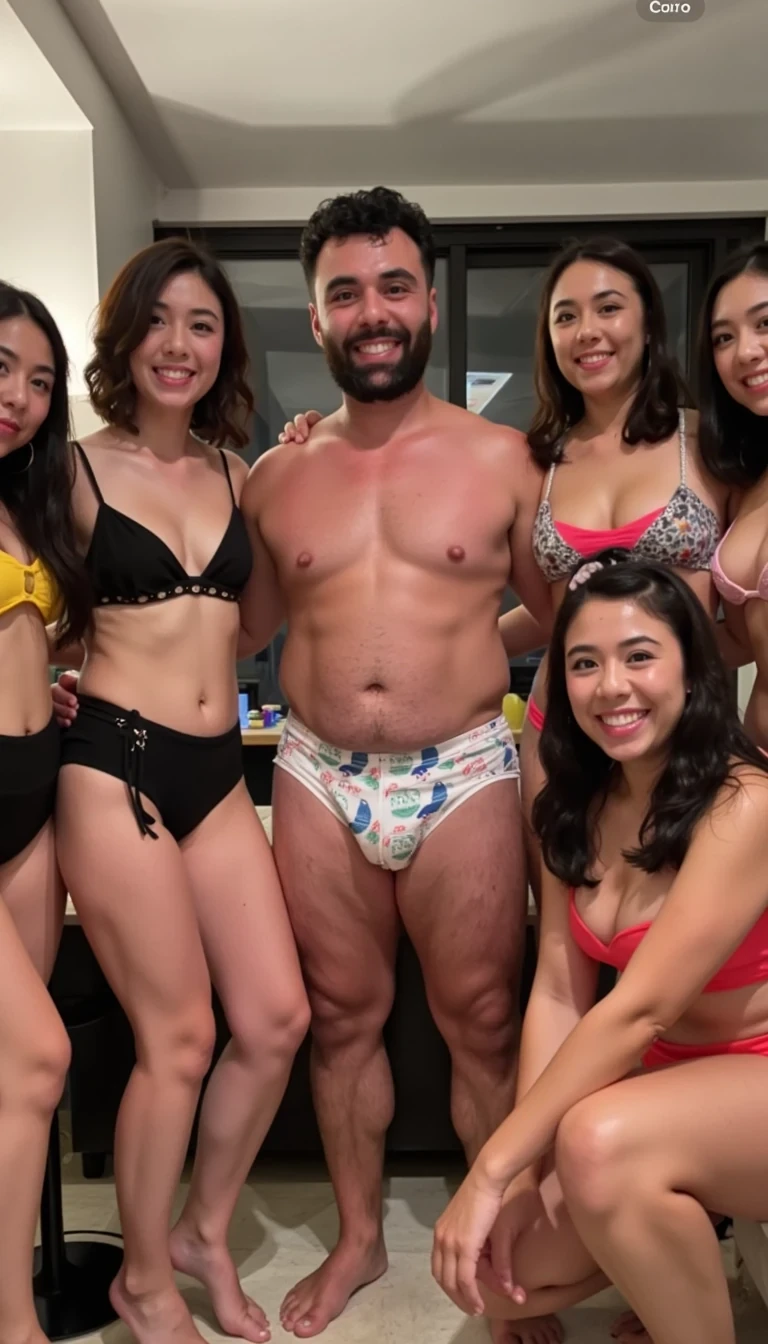 photo of man CSTMDL, fully clothed, with 6 Korean women in hooters outfit around him