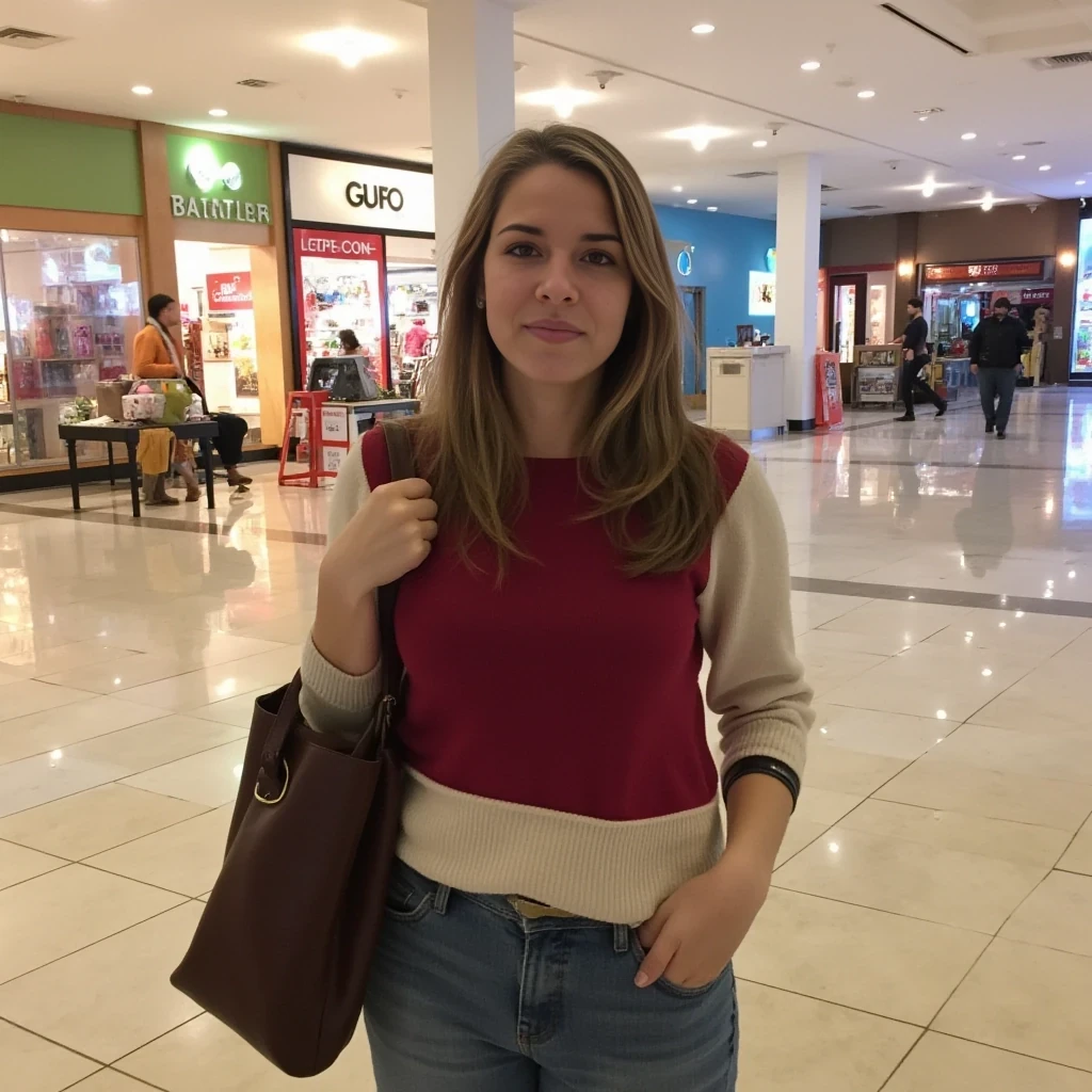 boring low quality snapchat photo circa 2015, average looking woman, full outfit, standing, soft light brown hair, mall background