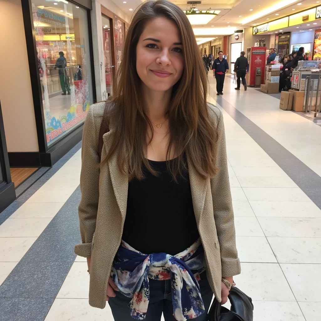 boring low quality snapchat photo circa 2015, average looking woman, full outfit, standing, soft light brown hair, mall background