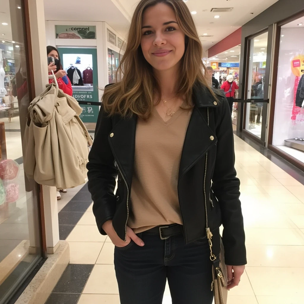 boring low quality snapchat photo circa 2015, average looking woman, full outfit, standing, soft light brown hair, mall background