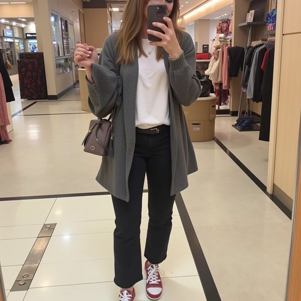 boring low quality snapchat photo circa 2015, average looking woman, full outfit, standing, soft light brown hair, mall background