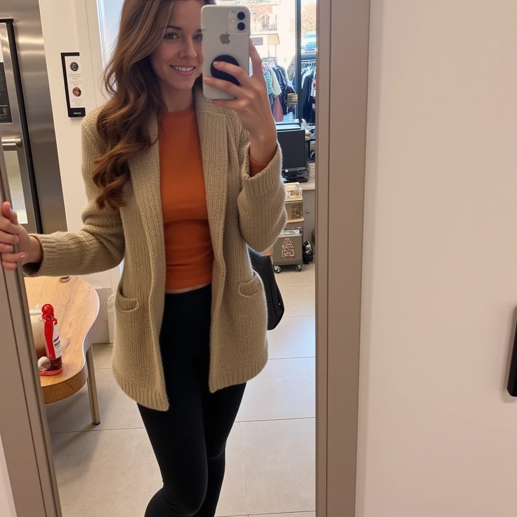 boring low quality snapchat photo circa 2015, average looking woman, full outfit, standing, soft light brown hair, mall background