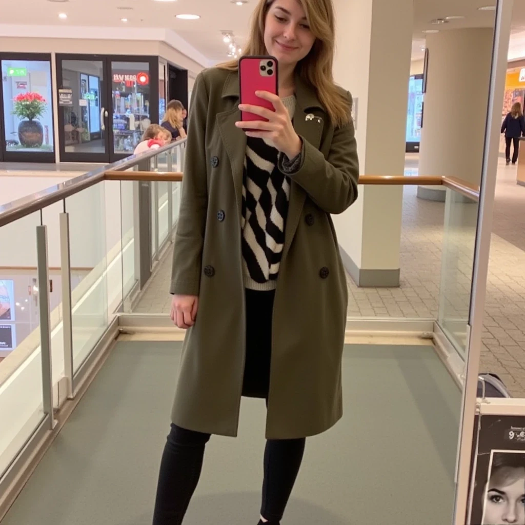 boring low quality snapchat photo circa 2015, average looking woman, full outfit, standing, soft light brown hair, mall background