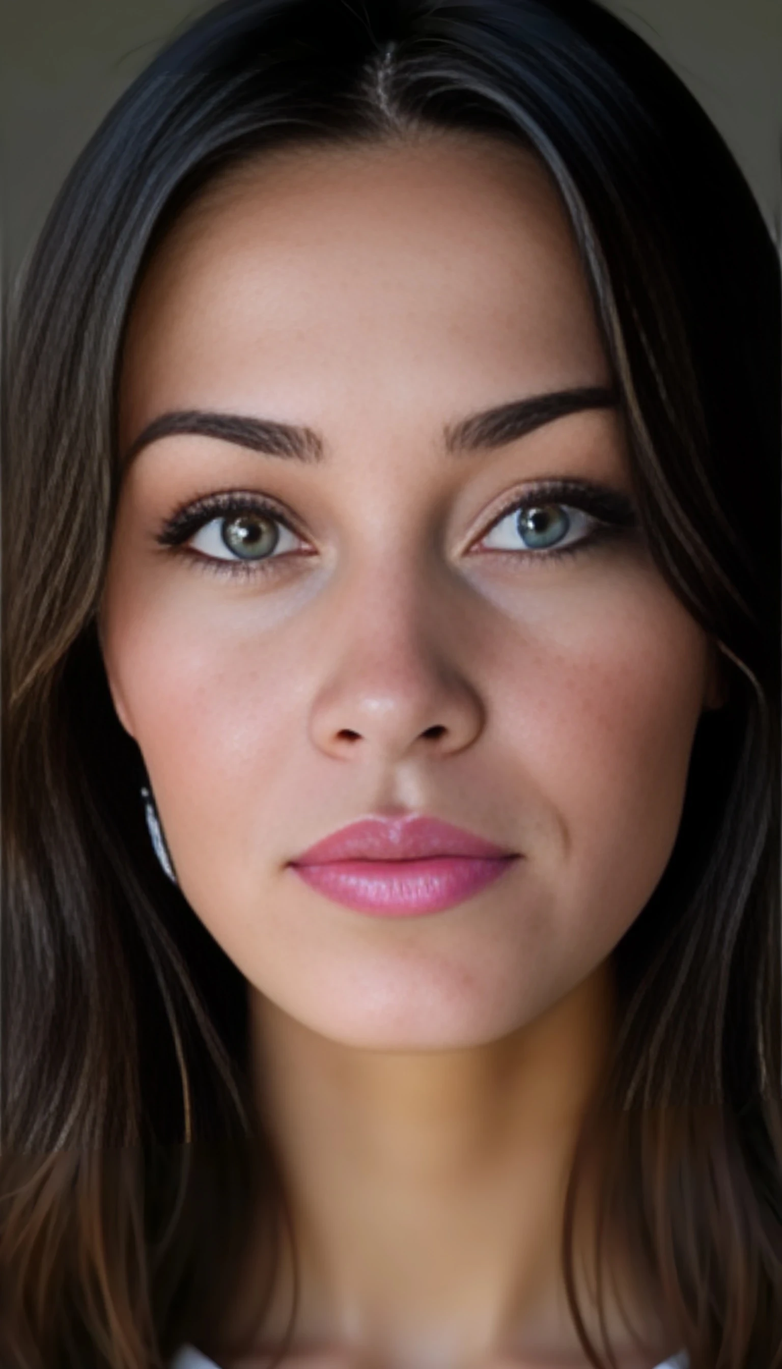 
Ultra-photorealistic portrait of a 22 yr old woman with symmetrical, soft facial features and a serene expression. Her skin is smooth, glowing with a natural complexion and subtle highlights on the cheekbones and forehead. She has gently arched eyebrows, delicately shaped and well-groomed. Her almond-shaped blue eyes are large and expressive, framed with long, dark lashes and a soft touch of natural makeup. Her lips are full and slightly parted, with a soft pink hue, appearing moisturized and balanced in proportion. Her nose is straight and finely contoured, fitting harmoniously with the rest of her face. Her hair falls naturally around her face in smooth waves, dark and lustrous, with realistic texture and volume. The lighting is soft and even, enhancing the natural beauty and subtle details of her features. Rendered in 8K resolution, cinematic style, lifelike texture, depth, and skin detail, with shallow depth of field and a high dynamic range.
