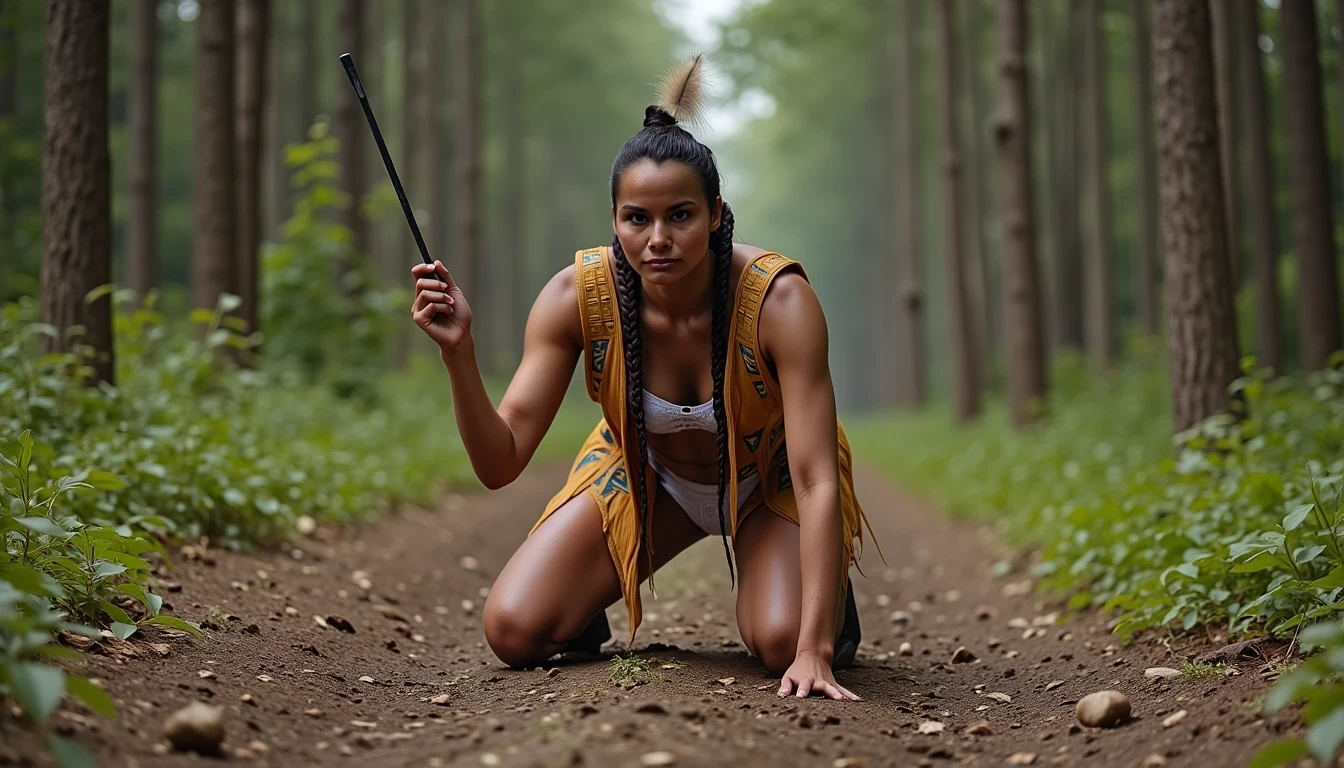 photo of woman CSTMDL, a medium shot photo of, a slim woman, her full body is in the scene, she has a slender petite build with petite small boobs and a flat chest, she has small dark skin nipples with long pointy nipple ducts and small dark skinned areolas, her hair is styled with two long braids she has eagle plumes in her hair, she is not wearing earrings, she is wearing daisy duke denim booty shorts, she is wearing a native American style vest in a golden yellow color over top of her underwear, she is holding her vest open exposing her strapless bra, her bra is a strapless white lace bra, she is wearing white lace panties, she is wearing ankle height smoked hide moccasins, natural lighting, natural light, amateur photography, shot on an iPhone, she is bent over on all fours on the ground with her legs spread wide apart in a densely wooded forest in front of a fat giant native American man, she is maintaining intense eye contact with the camera, a fat giant native American man is directly beside her holding onto booty, public setting, Hyper realism, 16k, uhd, ultra-sharp focus, perfect meshes and textures, highly detailed, highly accurate reflections, natural lighting, natural light, amateur photography,