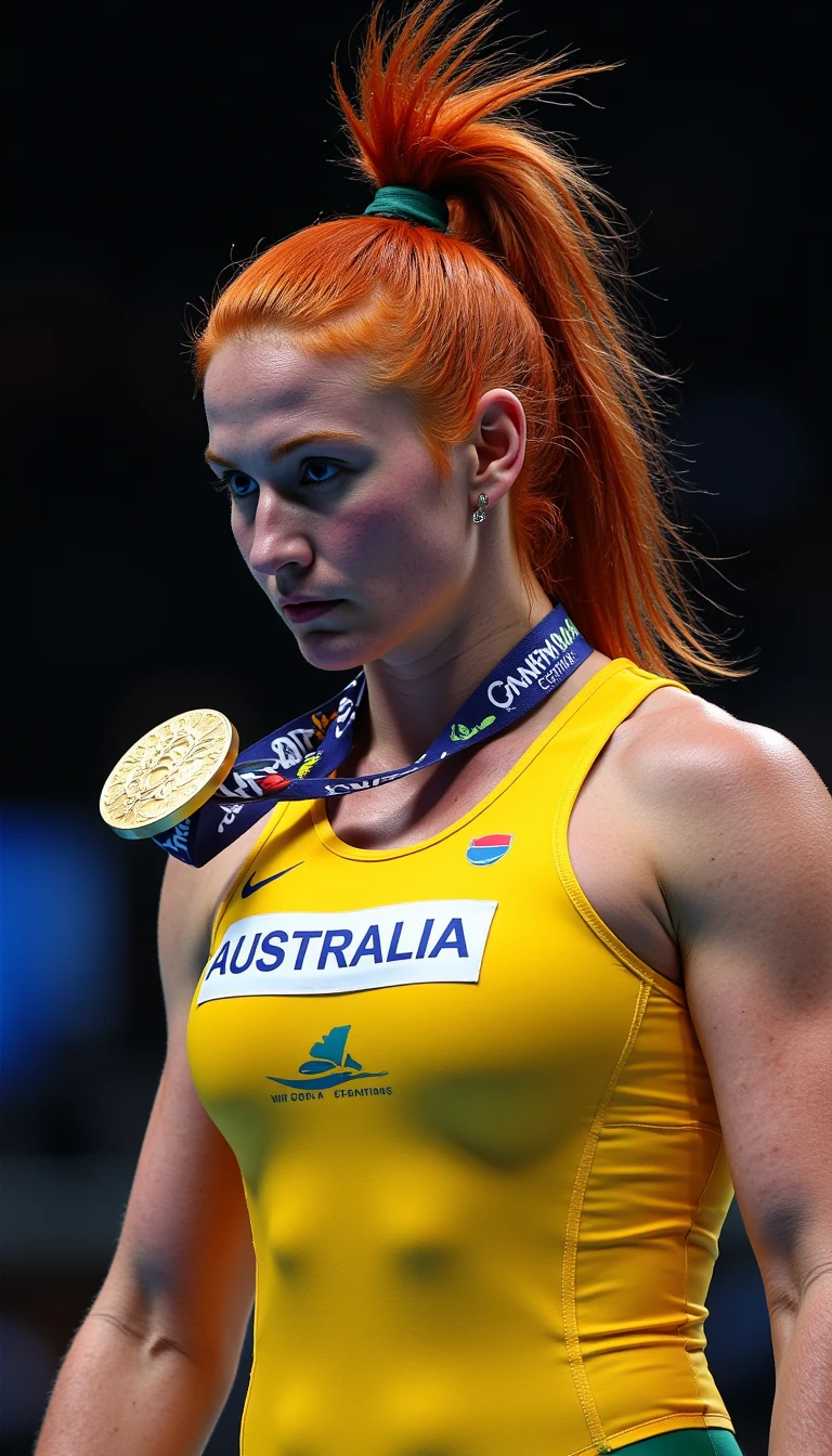 Lifelike 8k HD photo taken by an experienced professional photographer of sports illustrated, the image is of the CSTMDL woman looking sexy in the Australian national Olympic wrestling singlet. It is the Olympic summer Games in Paris, France in 2024. She is standing atop the podium with her gold medal around her neck. Her vibrant red hair is in a high ponytail, she is glistening with sweat, her huge breasts are a focal point of the picture 
