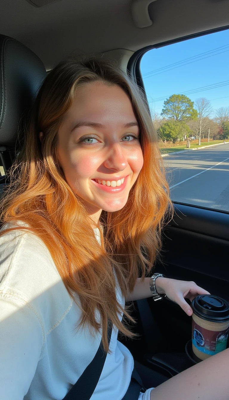 boring low quality snapchat photo circa 2015, A young woman with a warm smile, sitting in the driver's seat of a cozy car. She has soft, brught auburn curkt hair cascading past her shoulders. Her eyes are bright blue.  The sunlight streams through the window, casting a gentle glow on her face. The interior of the car is neat and comfortable, with a coffee cup in the cup holder and a small plant on the dashboard. The background outside the window shows a scenic road lined with trees and blue skies