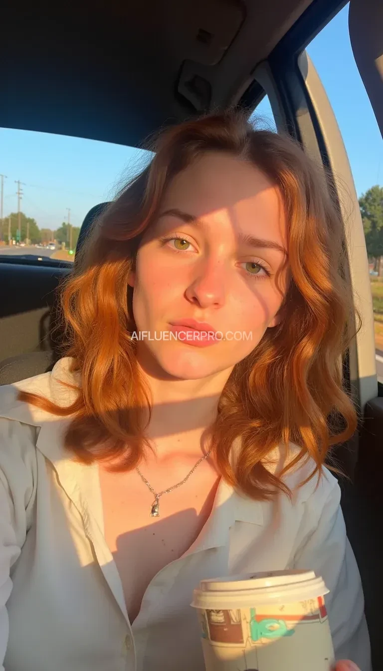 boring low quality snapchat photo circa 2000, A young teen with ginger hair, sitting in the driver's seat of a cozy car. She has soft, curly long ginger hair, green eyes and freckles. She resembles christina ricci with a heart shaped face. The sunlight streams through the window, casting a gentle glow on her face and her thin white shirt revealing her soft skin beneath. The interior of the car is neat and comfortable, with a coffee cup in the cup holder and a small plant on the dashboard. The background outside the window shows a scenic road lined with trees and blue skies