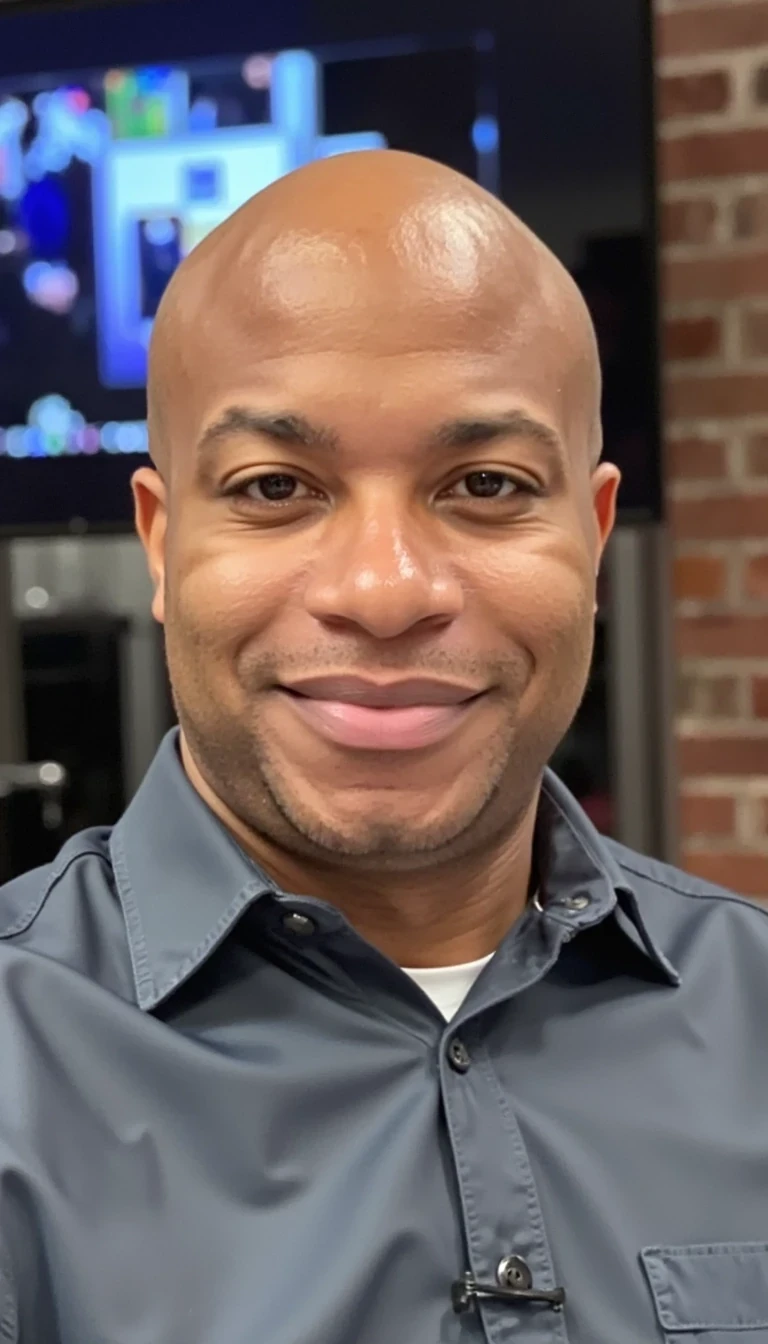 Human filter , collared shirt, in tv studio  smiling and same face of Carter with bald head, real and younger look, cstmdl