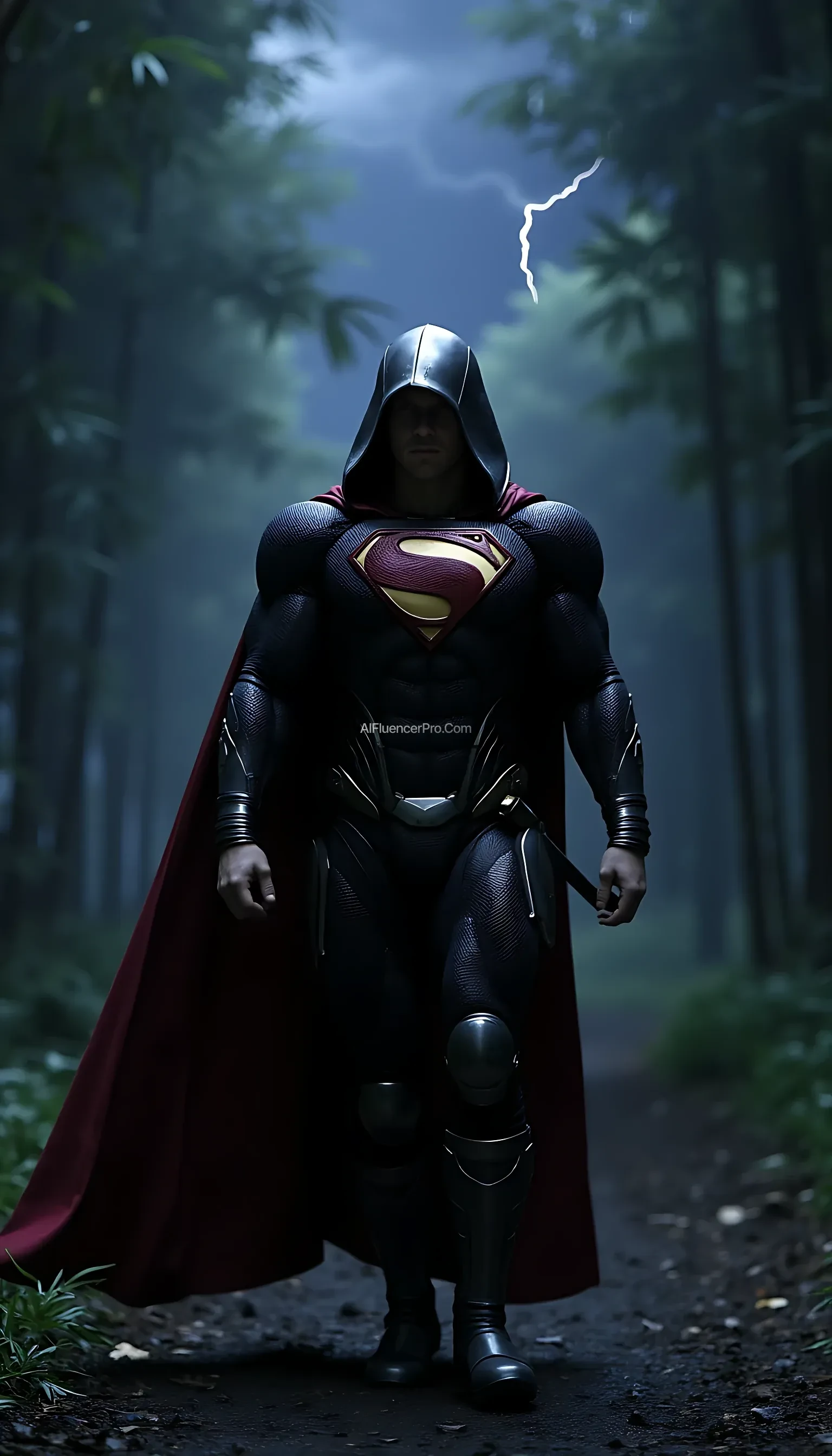 A photorealistic Superman wearing a modified ninja-inspired suit, walking with purpose while pulling back the hood of his traditional ninja cloak. The suit is sleek and metallic, blending robotic elements with armor plating. As he walks, the hood is slowly drawn back, revealing Superman's determined expression. The iconic 'S' symbol on his chest gleams with power. His katana hangs at his side, ready for action. The scene takes place in a misty bamboo forest at night, where moonlight filters through the dense foliage, casting sharp contrasts of light and shadow. A distant thunderstorm flashes faint lightning on the horizon, enhancing the cinematic atmosphere. Superman walks confidently, his cloak billowing behind him as he readies himself for the coming challenge