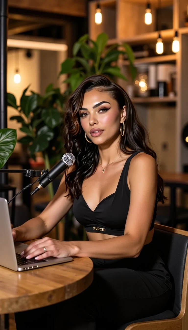 thick, curvy, sexy, showing cleavage/big breast, straight haired 155 lb Alice: A cinematic, photorealistic image of Alice hosting her luxury lifestyle and trading podcast in a stylish studio. The space glows with warm ambient lighting and hanging Edison bulbs, surrounded by lush plants, wooden accents, and a modern creative aesthetic. Alice, a poised woman with bronzed skin, long brunette hair softly curled, and refined facial features, wears a athletic yet chic outfit— gucci athletic wear. She sits confidently at a wooden desk with a professional microphone setup, laptop open, and studio headphones on, smiling warmly as she engages with her audience. candid shot: Alice looking away from camera. The scene captures a mix of sophistication, authenticity, and high-end digital creativity. 8k ultra-realistic detail, cinematic lighting, cozy-luxury interior design, modern influencer workspace, Vogue-meets-tech editorial photography style. 




