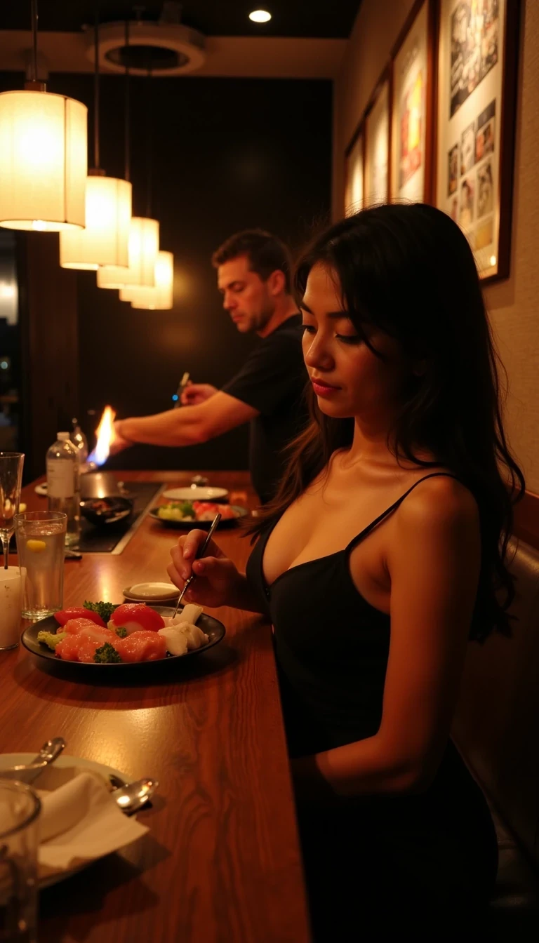 CSTMDL intimate sushi bar, low paper-lantern glow, sleek black bodycon dress, sitting at wooden counter, chopsticks hovering over platter of sashimi, tiny sake cup by elbow, chef’s flame torch igniting nigiri in background, cinematic low-key shadows, subtle lens flare