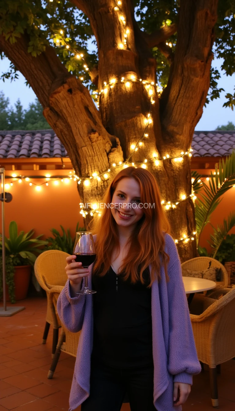 A full body shot photo of a woman standing outdoors at a cozy, warmly lit patio in the evening, with soft, glowing lights wrapped around a tree behind them creating a charming atmosphere. The image is rich in detail, with warm tones and clear textures throughout. The woman has fair skin, a slim build, and long reddish-blonde hair, also worn loose. She is smiling warmly at the camera, holding a glass of red wine in her right hand, and wears a soft-textured lavender cardigan over a black top. The background features a large tree with sparkling string lights wrapped around its trunk and branches, adding a magical touch to the scene. The setting suggests a private outdoor seating area, with elements like terracotta-tiled roofing, greenery, and rattan chairs contributing to a serene, inviting vibe. The overall composition is balanced, with the woman framed against the softly glowing tree, and the lighting enhances the warm, intimate feel of a quiet evening shared among friends. The details are vivid, with textures of clothing, skin, and background elements clearly visible, while the warm lighting creates a relaxed and joyful mood