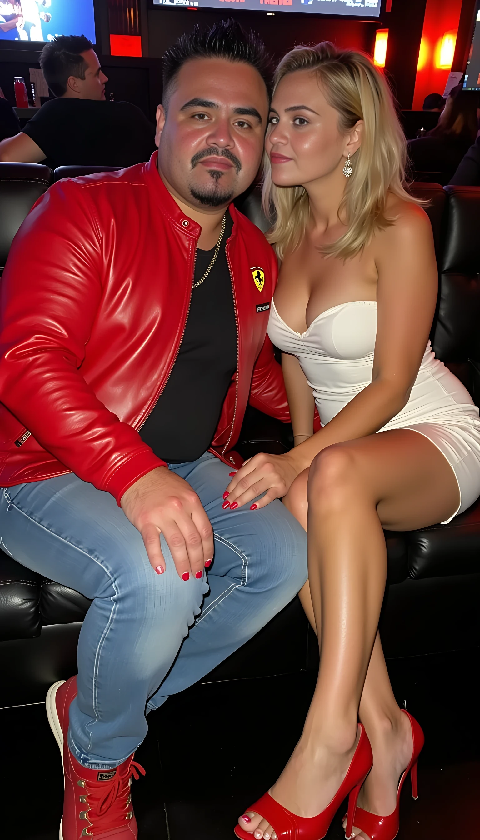 CSTMDL average man body  seating in a couch leg crossed wearing a light blue jeans with a red leather Ferrari logo jacket and red shoes  with a nightclub background  with a beautiful woman with blonde hair very bright blue eyes wearing a sexy white dress seating next to me  losing my cheek 