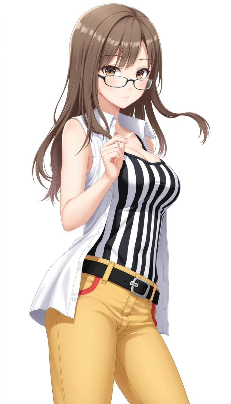 1girl, solo, long hair, breasts, shirt, medium breasts, bare shoulders, collarbone, upper body, white shirt, small breasts, sleeveless, black striped, belt, pants, covered nipples, bare arms, sleeveless shirt, tank top, denim, tan, facing viewer in a confident pose, arm at side, jeans, striped shirt, black belt, photo (medium), arms at sides, taut clothes, shirt tucked in, taut shirt, yellow tight pants with red accents and bell bottoms, lips parted, clear framed glasses, this should be realistic, not animated, styled hair 