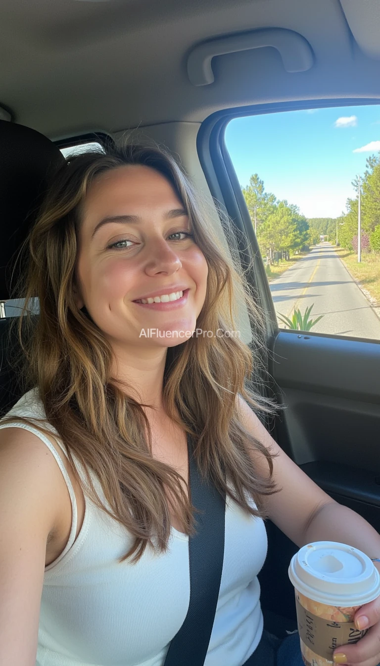 boring low quality snapchat photo circa 2015, A young woman with a warm smile, sitting in the driver's seat of a cozy car. She has soft, wavy brown hair cascading past her shoulders. The sunlight streams through the window, casting a gentle glow on her face. The interior of the car is neat and comfortable, with a coffee cup in the cup holder and a small plant on the dashboard. The background outside the window shows a scenic road lined with trees and blue skies