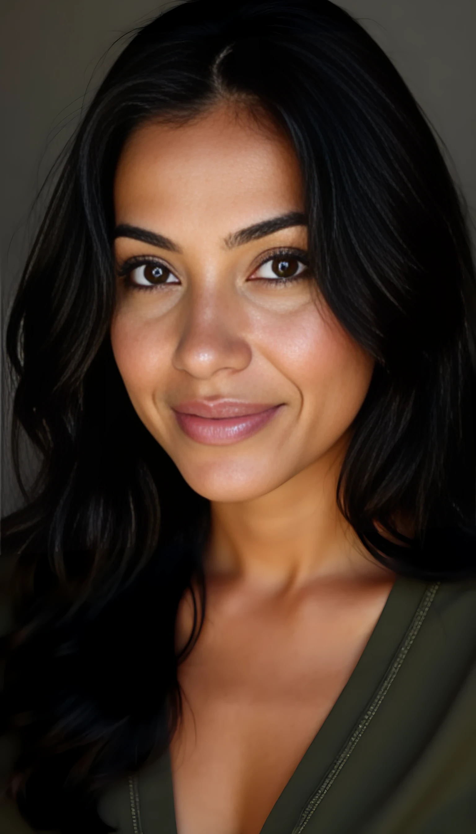 A portrait photo of a beautiful 43 years old model, mixed ethnicity of half white American half Brazilian, with jet black hair, deep brown eyes, ultra detailed eyes with sharp iris reflections, slight smile, studio-quality, extremely realistic HD