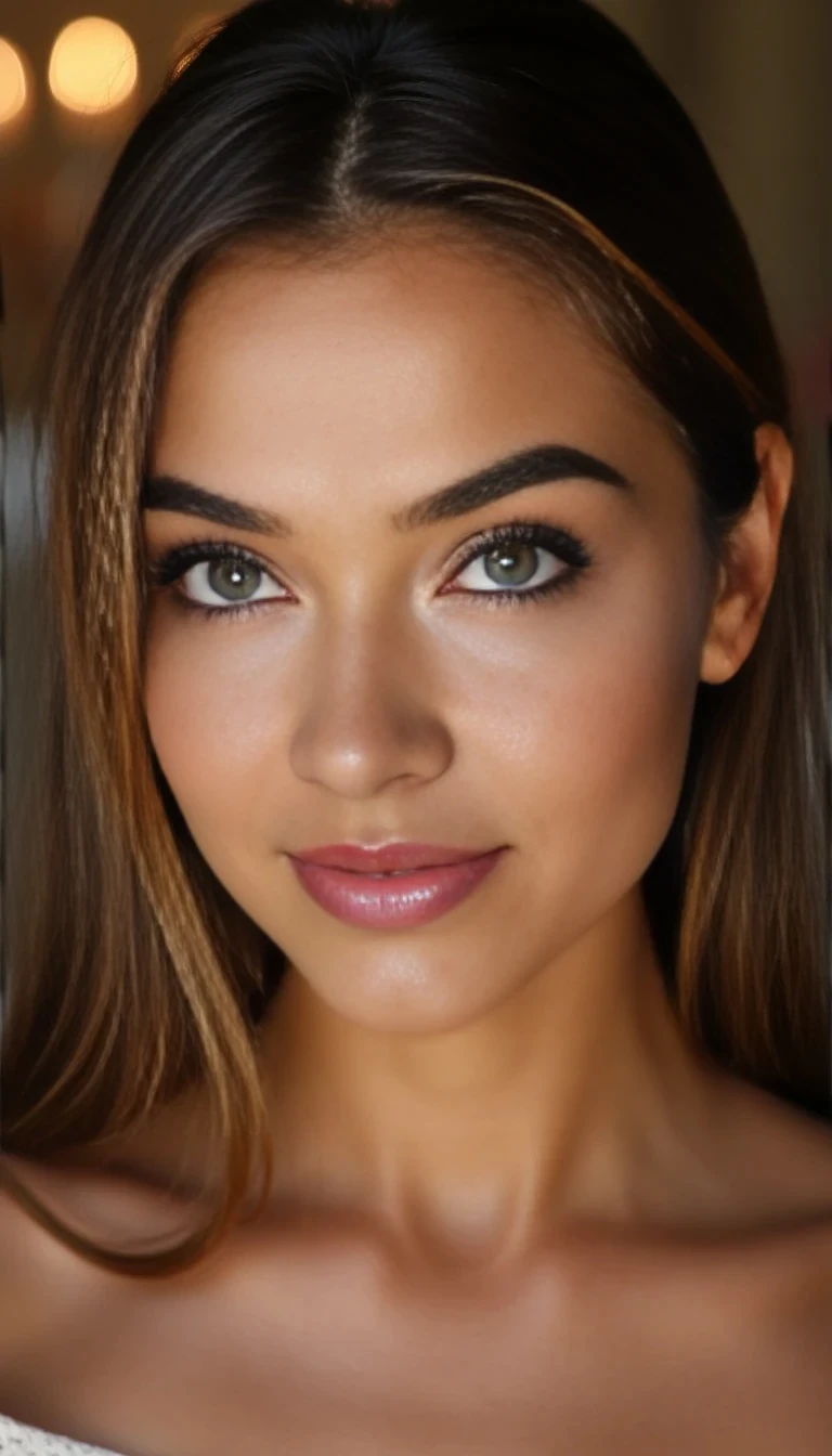 highly realistic close-up portrait of an ultra-beautiful woman with soft natural glam makeup, green eyes, full glossy lips, glowing skin with a subtle highlighter, long dark blonde hair tucked behind one ear, looking into the camera with a mysterious smirk, warm indoor lighting, blurred elegant background, beauty influencer vibe, soft seductive energy