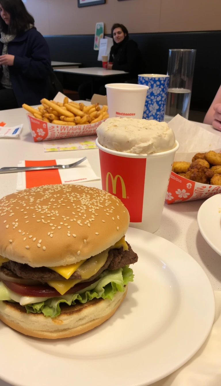 boring low quality snapchat photo circa 2015, this picture is being taken in a McDonalds. The picture is of a big mac with a paper Mcdonalds cup next to it. There are other food dishes and drink glasses on the table as well. 