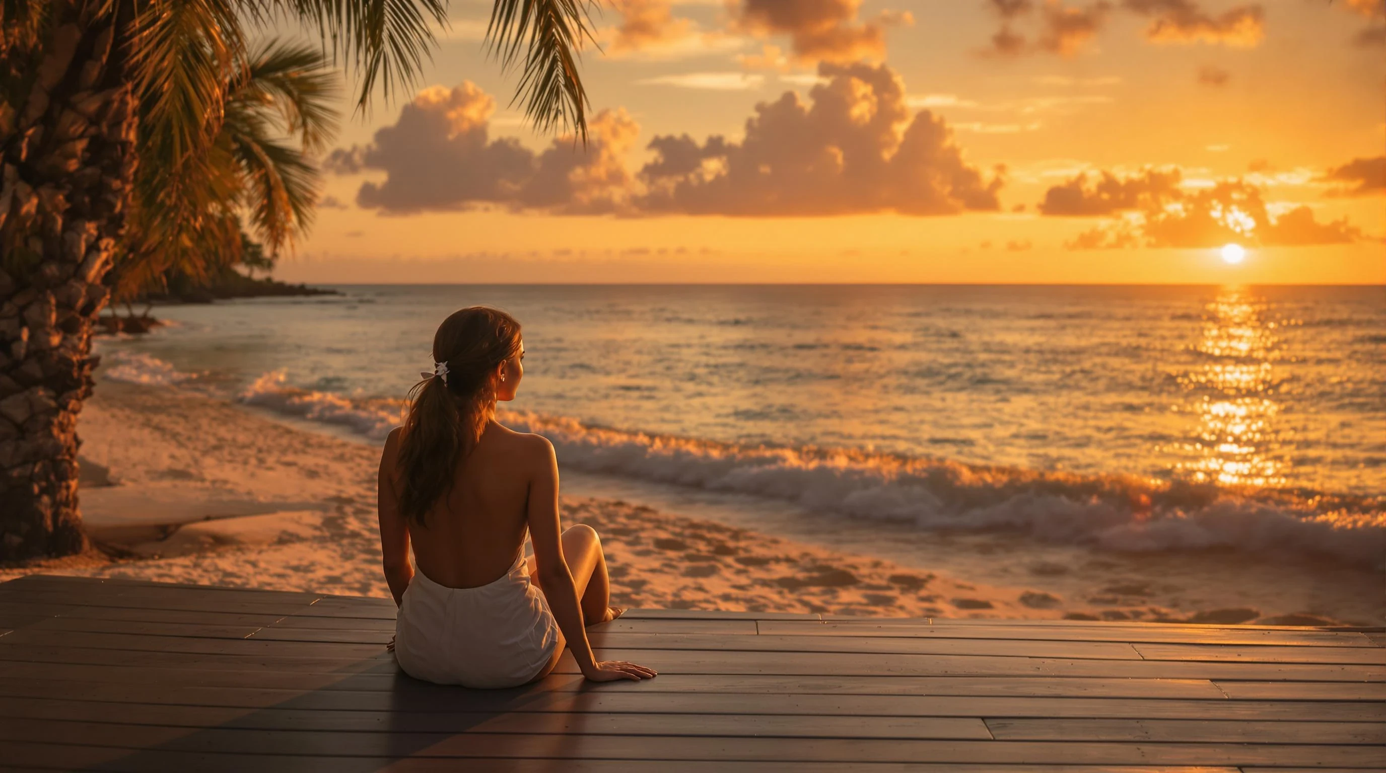"A realistic tropical beach at sunset with warm golden light and a calm ocean. A peaceful scene with a woman seen from behind, sitting on a wooden deck or lounge chair, looking at the horizon. Soft palm tree shadows, cinematic mood, warm color tones. Ultra-realistic 4K photo with room for text on the right."