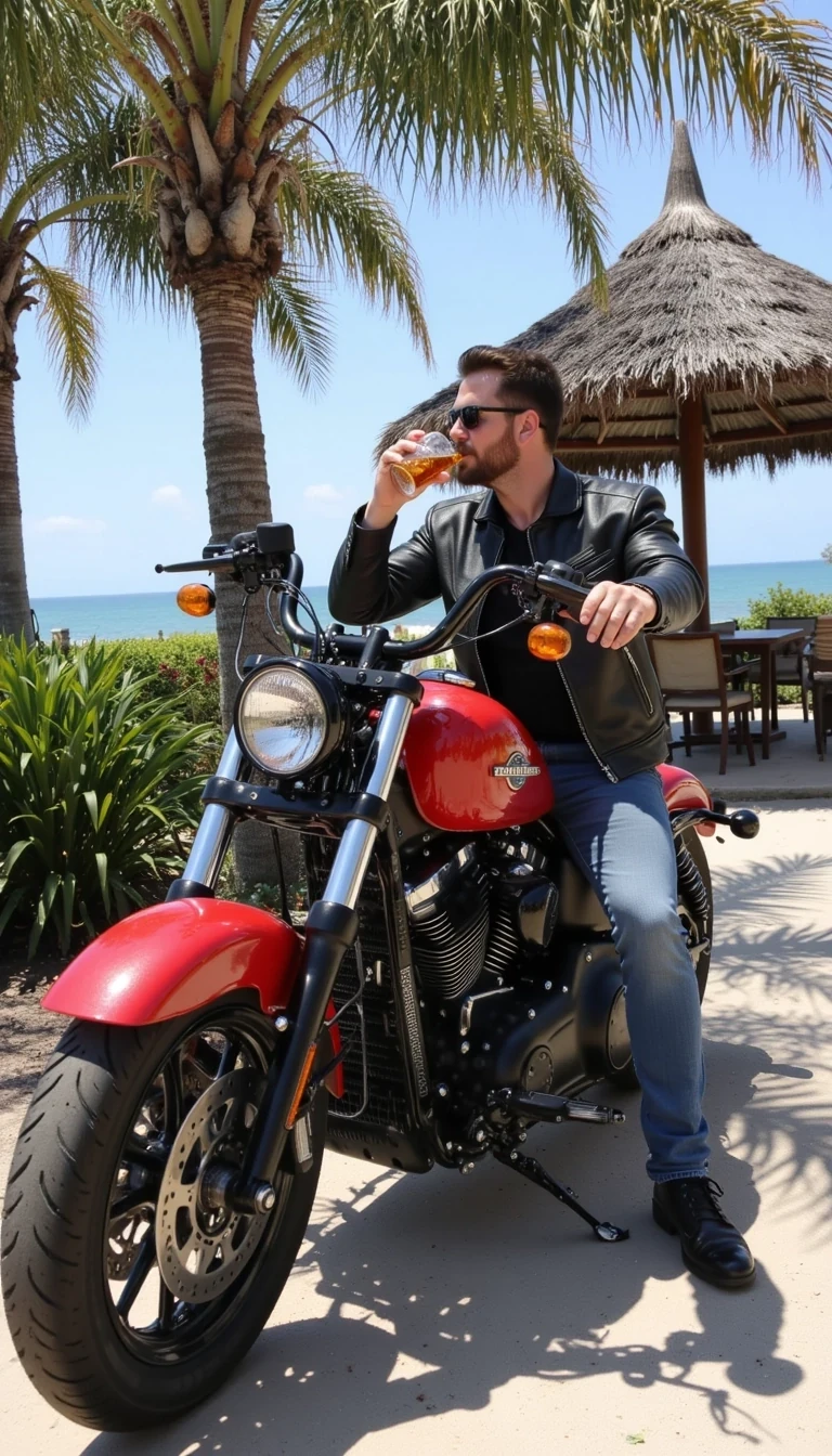 CSTMDL is sitting on a shining red Harley roaring wearing jeans,chaps and a leather jacket drinking a cold beer sitting next to a beach cabana