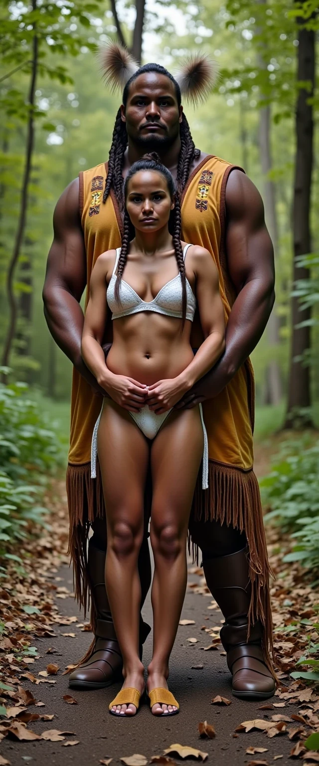 photo of woman CSTMDL, a medium shot photo of, a slim woman, her full body is in the scene, she has a slender petite build with petite small boobs and a flat chest, she has small dark skin nipples with long pointy nipple ducts and small dark skinned areolas, her hair is styled with two long braids she has eagle plumes in her hair, she is not wearing earrings, she is wearing a native American style vest in a golden yellow color over top of her underwear, her vest is open exposing her strapless bra, her bra is a strapless white lace bra, she is wearing white lace panties, she is wearing ankle height smoked hide moccasins, natural lighting, natural light, amateur photography, shot on an iPhone, she is standing with her legs spread wide apart in a densely wooded forest, she is maintaining intense eye contact with the camera, there is a giant native American fat man three times her height standing directly behind her holding onto gripping the woman's waistline, the man is holding her in front of him, the man is a real giant three times the height of an average male, public setting, Hyper realism, ultra-sharp focus, highly detailed, natural lighting, natural light, amateur photography,