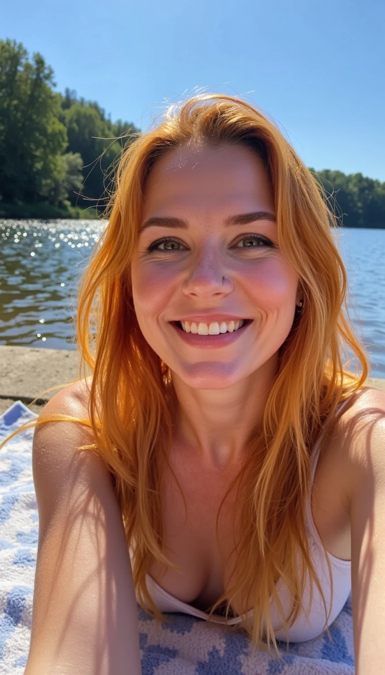 A low quality snapchat selfie photo CSTMDL reddish hair with sun-kissed skin lying flat but playfully on a towel by the lake, wearing only her bikini bottoms. Her reddish hair glows in the sunlight, slightly tousled by the breeze. She’s smiling with a teasing, confident look — carefree and full of summer energy. The water sparkles behind her, reflecting the blue sky and lush trees. The atmosphere feels light, warm, and flirty — like a spontaneous lakeside escape captured in perfect golden-hour lighting.
