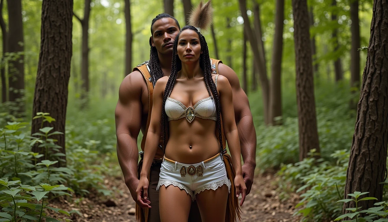 photo of woman CSTMDL, a medium shot photo of, a slim woman, her full body is in the scene, she has a slender petite build with petite small boobs and a flat chest, she has small dark skin nipples with long pointy nipple ducts and small dark skinned areolas, her hair is styled with two long braids she has eagle plumes in her hair, she is not wearing earrings, she is wearing daisy duke denim booty shorts, she is wearing a native American style vest in a golden yellow color over top of her underwear, her vest is open exposing her strapless bra, her bra is a strapless white lace bra, she is wearing white lace panties, she is wearing ankle height smoked hide moccasins, natural lighting, natural light, amateur photography, shot on an iPhone, she is standing with her legs spread wide apart in a densely wooded forest, she is maintaining intense eye contact with the camera, there is a giant native American fat man three times her height kneeling directly behind her holding onto gripping the woman's waistline, the man is holding her in front of him, the man is a real giant three times the height of an average male, public setting, Hyper realism, ultra-sharp focus, highly detailed, natural lighting, natural light, amateur photography, she has her hands placed on the giants wrists as he holds onto her waistline 