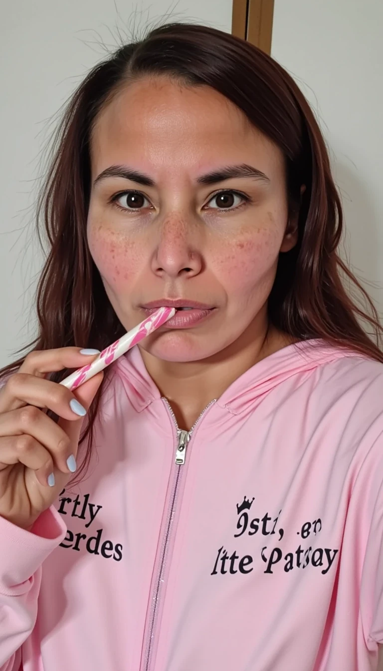 A medium photo close up of CSTMDL a slim 35-year-old native American woman, she poses seductively for the camera, she maintains intense eye contact with the camera at all times, she has cute pigtails, she is wearing a light pink onesie with text on the front that reads "daddy's little princess", she is sucking on a very thick candycane, realistic, 