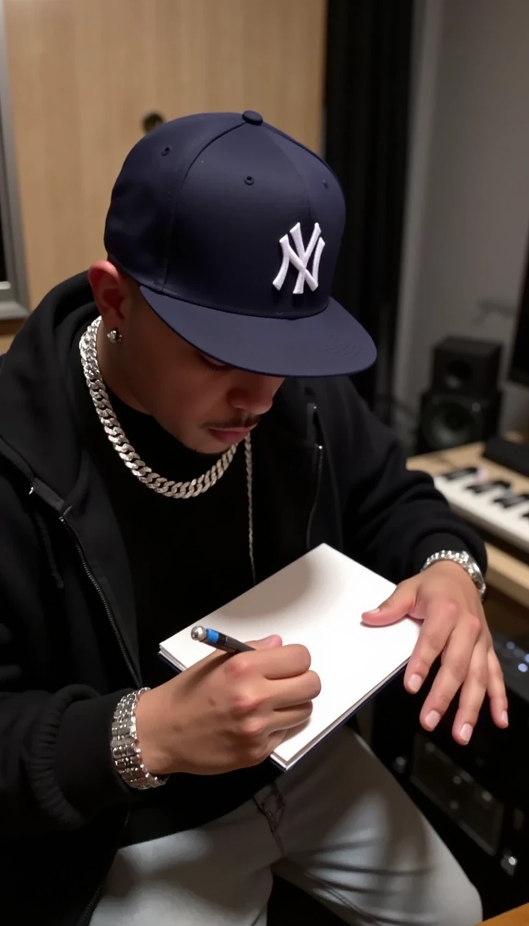 in a music studio, writing on notepad, hip-hop, chain on, white gold watch on left wrist, white gold bracelet on right wrist, white gold earrings stud both ears, wearing a navy blue NY fitted hat, 