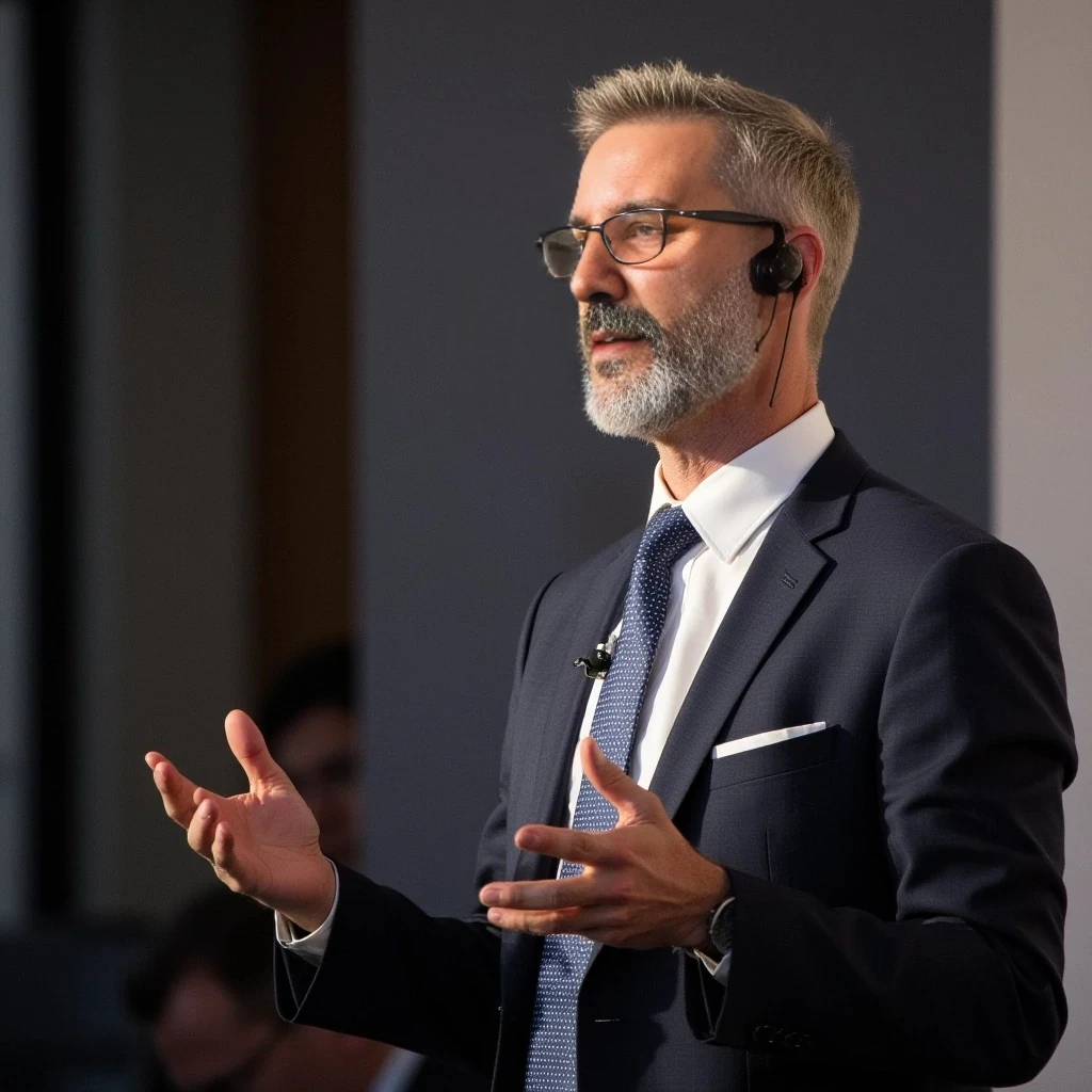 Businessman, with the exact same face as the reference photo, very handsome with model-like features, wearing a suit and modern reading glasses. He is slim but muscular, with a beard similar to the one in the photo but more neatly groomed. His hair is also similar—blond-based with noticeable gray strands, both in his hair and beard, just like in the photo. He is standing and giving a presentation, wearing a headset microphone.