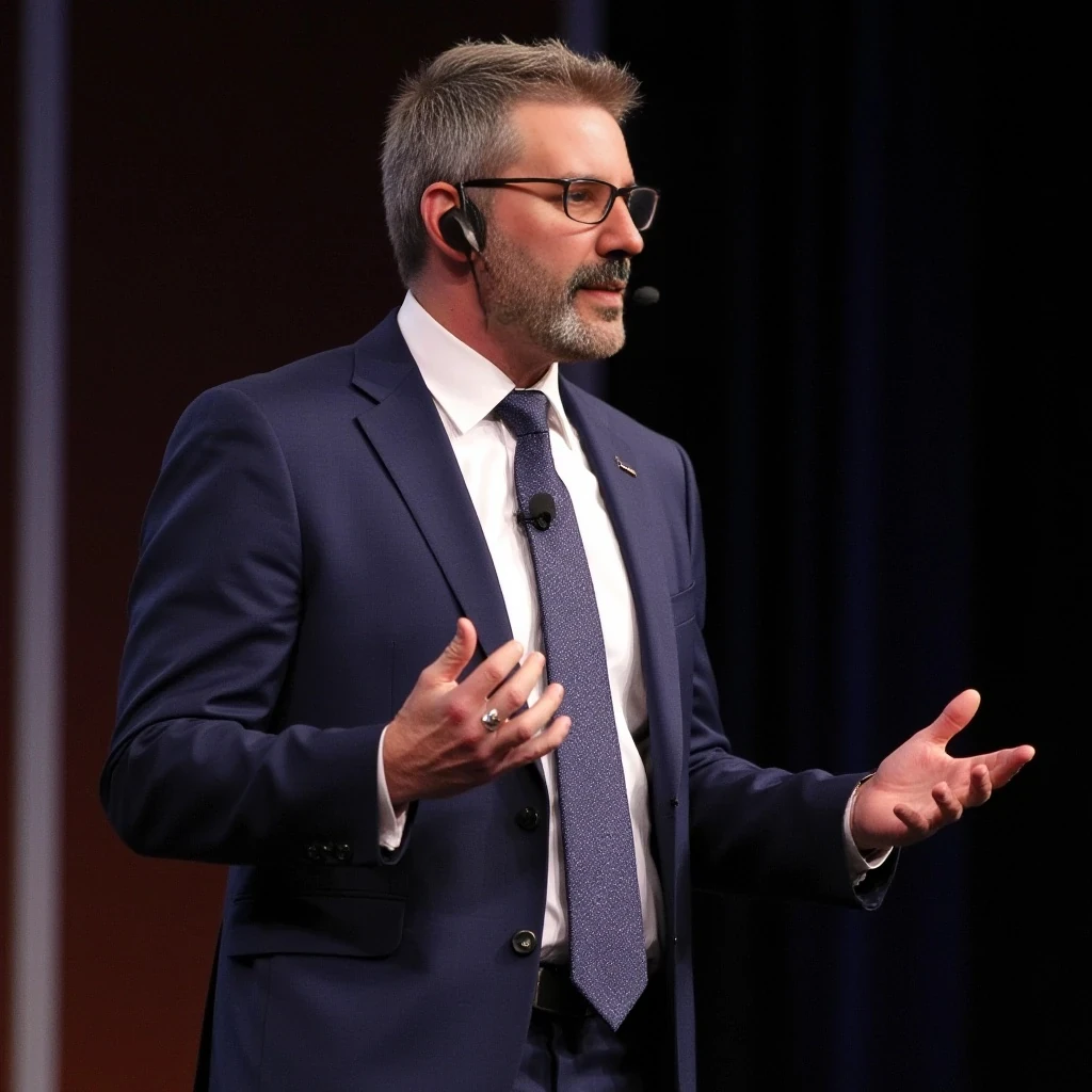 Businessman, with the exact same face as the reference photo, very handsome with model-like features, wearing a suit and modern reading glasses. He is slim but muscular, with a beard similar to the one in the photo but more neatly groomed. His hair is also similar—blond-based with noticeable gray strands, both in his hair and beard, just like in the photo. He is standing and giving a presentation, wearing a headset microphone.
