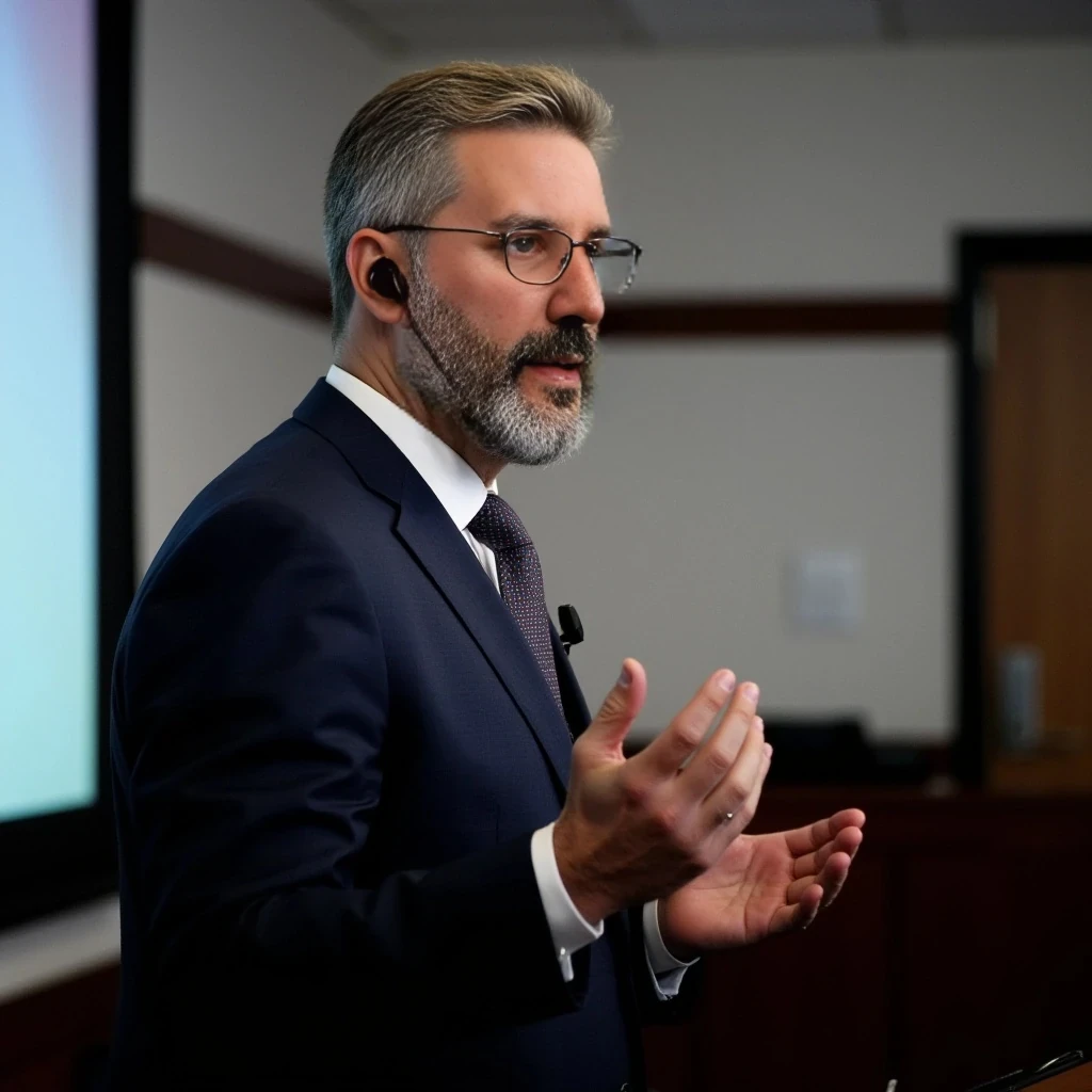 Businessman, with the exact same face as the reference photo, very handsome with model-like features, wearing a suit and modern reading glasses. He is slim but muscular, with a beard similar to the one in the photo but more neatly groomed. His hair is also similar—blond-based with noticeable gray strands, both in his hair and beard, just like in the photo. He is standing and giving a presentation, wearing a headset microphone.