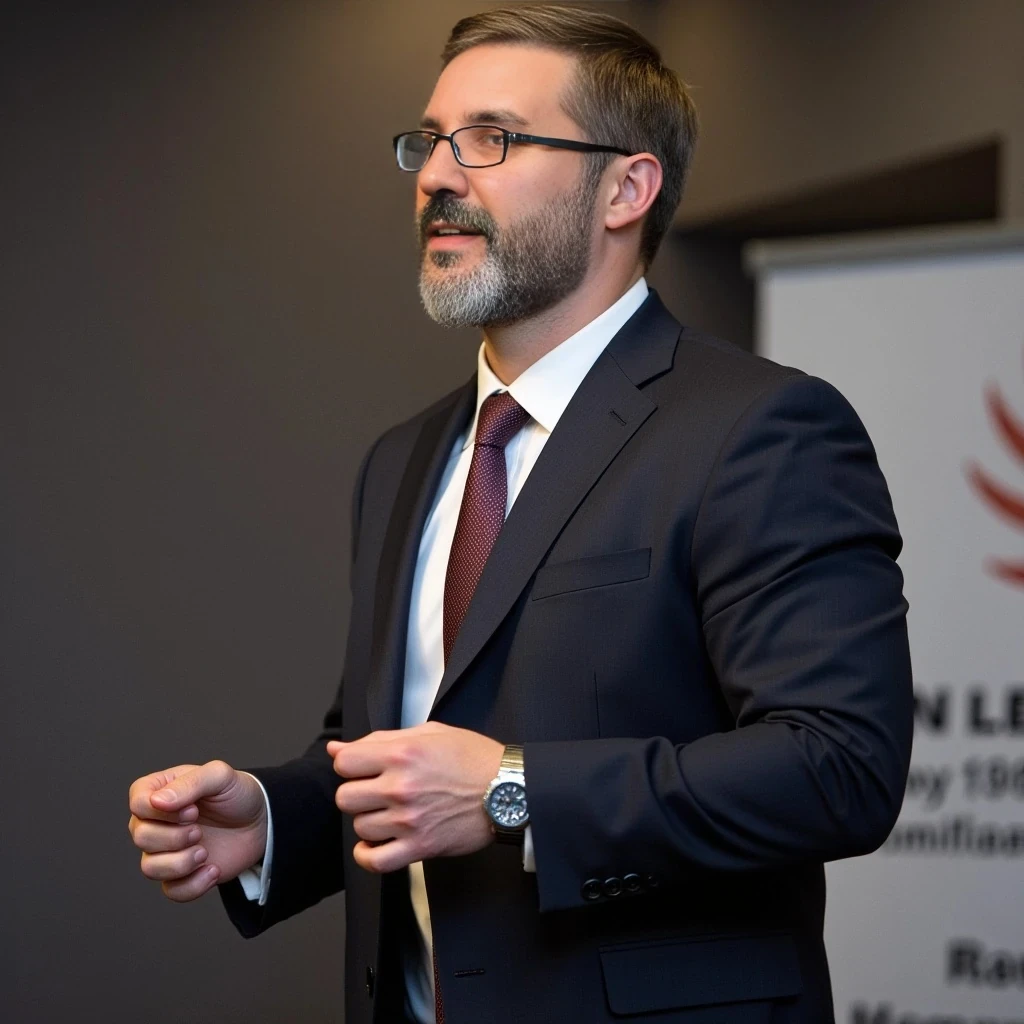 Businessman, with the exact same face as the reference photo, very handsome with model-like features, wearing a suit and modern reading glasses. He is slim but muscular, with a beard similar to the one in the photo but more neatly groomed. His hair is also similar—blond-based with noticeable gray strands, both in his hair and beard, just like in the photo. He is standing and giving a presentation, wearing a headset microphone.