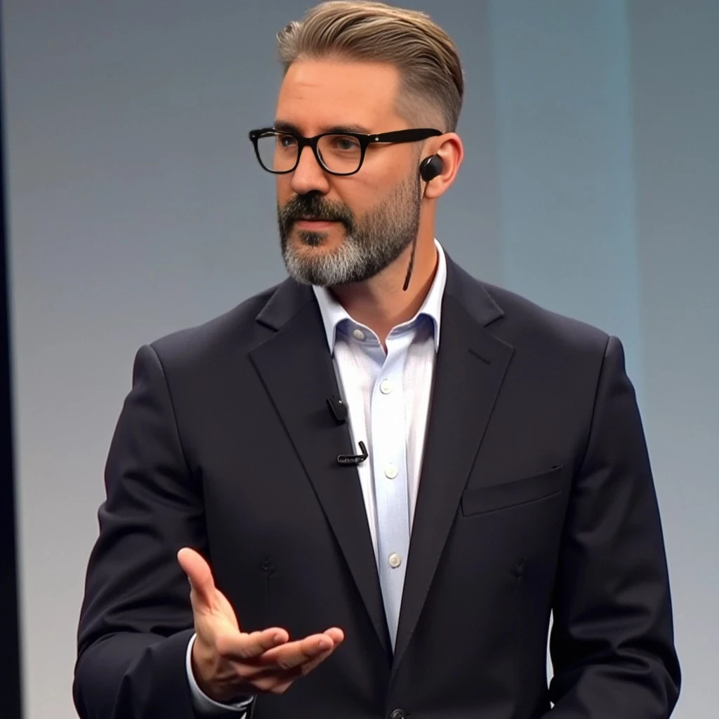 Businessman, with the exact same face as the reference photo, very handsome with model-like features, wearing a suit and modern reading glasses. He is slim but muscular, with a beard similar to the one in the photo but more neatly groomed. His hair is also similar—blond-based with noticeable gray strands, both in his hair and beard, just like in the photo. He is standing and giving a presentation, wearing a headset microphone.