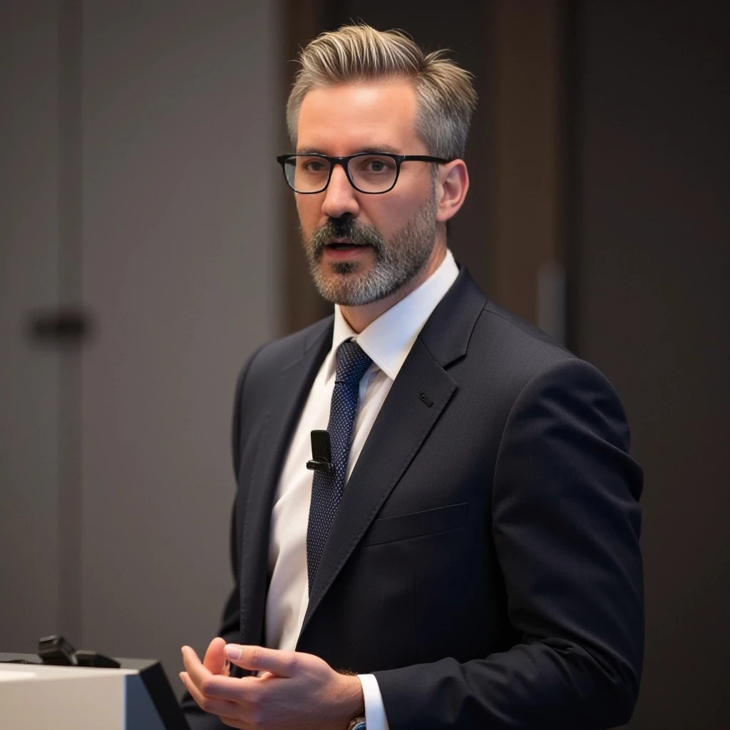 Businessman, with the exact same face as the reference photo, very handsome with model-like features, wearing a suit and modern reading glasses. He is slim but muscular, with a beard similar to the one in the photo but more neatly groomed. His hair is also similar—blond-based with noticeable gray strands, both in his hair and beard, just like in the photo. He is standing and giving a presentation, wearing a headset microphone.