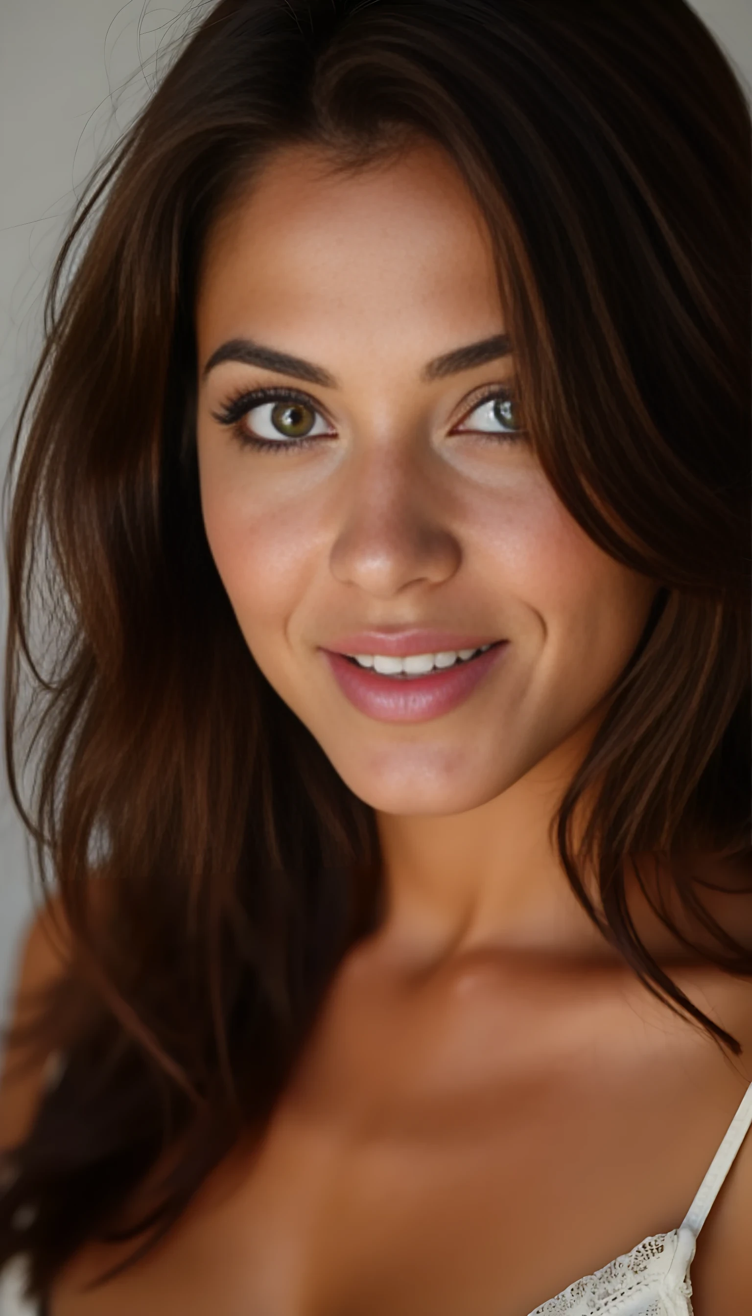 A portrait photo of a beautiful 42 years old model, mixed ethnicity of half white American half Brazilian, with dark auburn hair, piercing emerald eyes, ultra detailed eyes with sharp iris reflections, slight smile, studio-quality, extremely realistic HD and lightining
