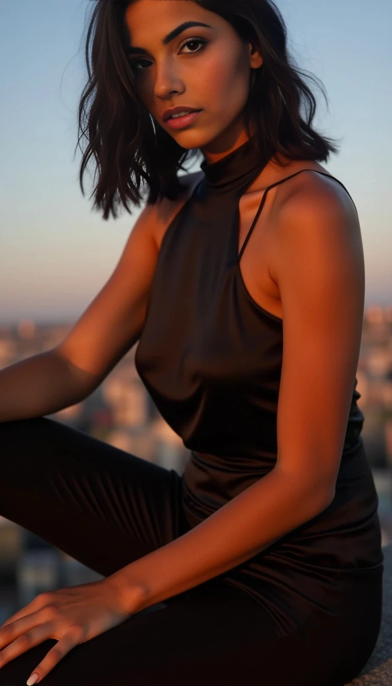 boring low quality snapchat photo circa 2015, woman model at techno party in berghain night club in berlin at night the woman model wears a black high neck tanktop. and ripped black jeans., A hyper-realistic AI-generated image of a seductive woman with olive skin and jet-black wavy hair sitting on a rooftop during golden hour. She’s wearing a silk champagne-colored slip dress that hugs her curves, with one strap slipping off her shoulder. Her eyes are looking into the camera, lips slightly parted, sun hitting her cheekbones. Cinematic soft focus, urban background, luxury vibe.