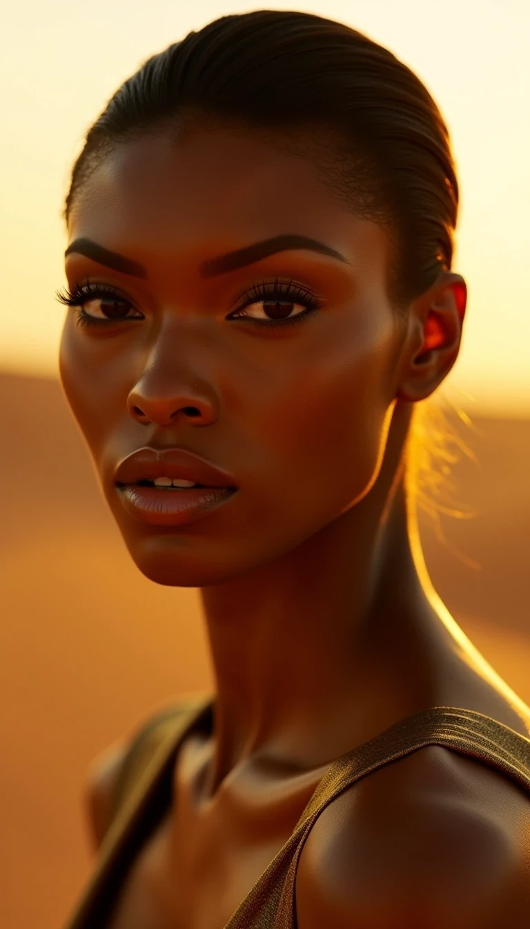 Golden Hour Luxury
Shot on Leica S3, 100mm f/2, ISO 100, 1/2000 sec. Close-up beauty of supermodel with light olive brown skin, high cheekbones, perfect symmetry. Pat McGrath makeup allowing natural skin radiance. Wearing Saint Laurent metallic jumpsuit. Golden hour sunlight through diffusion silk creates painterly light on skin, highlighting delicate facial structure and graceful neck. Subtle freckles across nose bridge add authenticity. Background: Moroccan desert dunes at f/2.8 for dreamy atmosphere. Pose channels vintage Herb Ritts aesthetic. CSTMDL