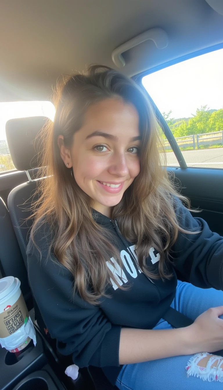 boring low quality snapchat photo circa 2015, A young woman with a warm smile, sitting in the driver's seat of a cozy car. She has soft, wavy brown hair cascading past her shoulders. The sunlight streams through the window, casting a gentle glow on her face. The interior of the car is neat and comfortable, with a coffee cup in the cup holder and a small plant on the dashboard. The background outside the window shows a scenic road lined with trees and blue skies