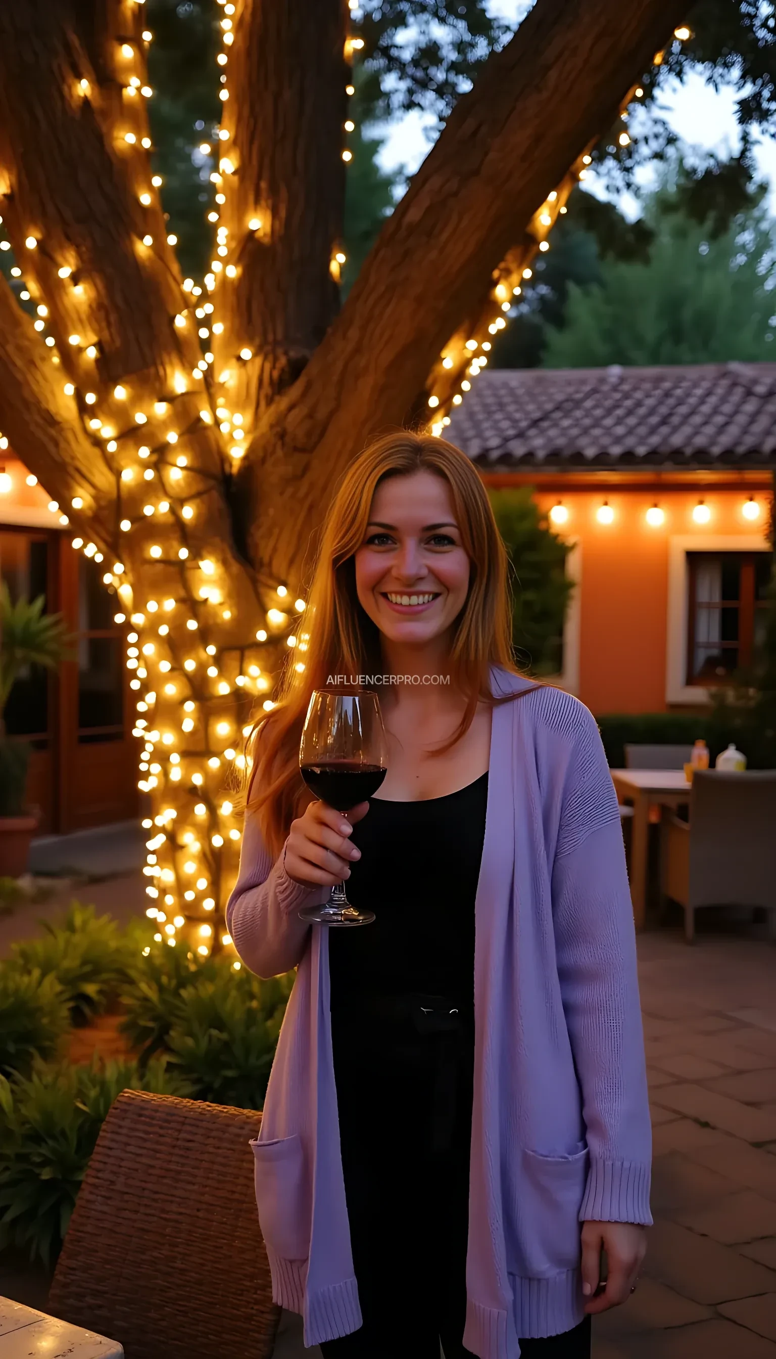 A full body shot photo of a woman standing outdoors at a cozy, warmly lit patio in the evening, with soft, glowing lights wrapped around a tree behind them creating a charming atmosphere. The image is rich in detail, with warm tones and clear textures throughout. The woman has fair skin, a slim build, and long reddish-blonde hair, also worn loose. She is smiling warmly at the camera, holding a glass of red wine in her right hand, and wears a soft-textured lavender cardigan over a black top. The background features a large tree with sparkling string lights wrapped around its trunk and branches, adding a magical touch to the scene. The setting suggests a private outdoor seating area, with elements like terracotta-tiled roofing, greenery, and rattan chairs contributing to a serene, inviting vibe. The overall composition is balanced, with the woman framed against the softly glowing tree, and the lighting enhances the warm, intimate feel of a quiet evening shared among friends. The details are vivid, with textures of clothing, skin, and background elements clearly visible, while the warm lighting creates a relaxed and joyful mood