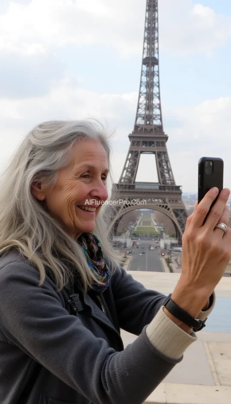 A realistic photograph of a 65-year-old grandmother with long, natural grey hair taking a selfie in Paris. She is holding a smartphone at arm's length, capturing herself with the iconic Eiffel Tower in the background. Her expression is warm and cheerful, with subtle wrinkles and natural skin textures. She is wearing simple, casual clothing like a cardigan or scarf, suited for a mild day outdoors. The lighting is soft and natural, reflecting a clear Parisian atmosphere. The image should look authentic and amateur-style, avoiding glamour or artificial effects, and evoke the feel of a genuine tourist moment.