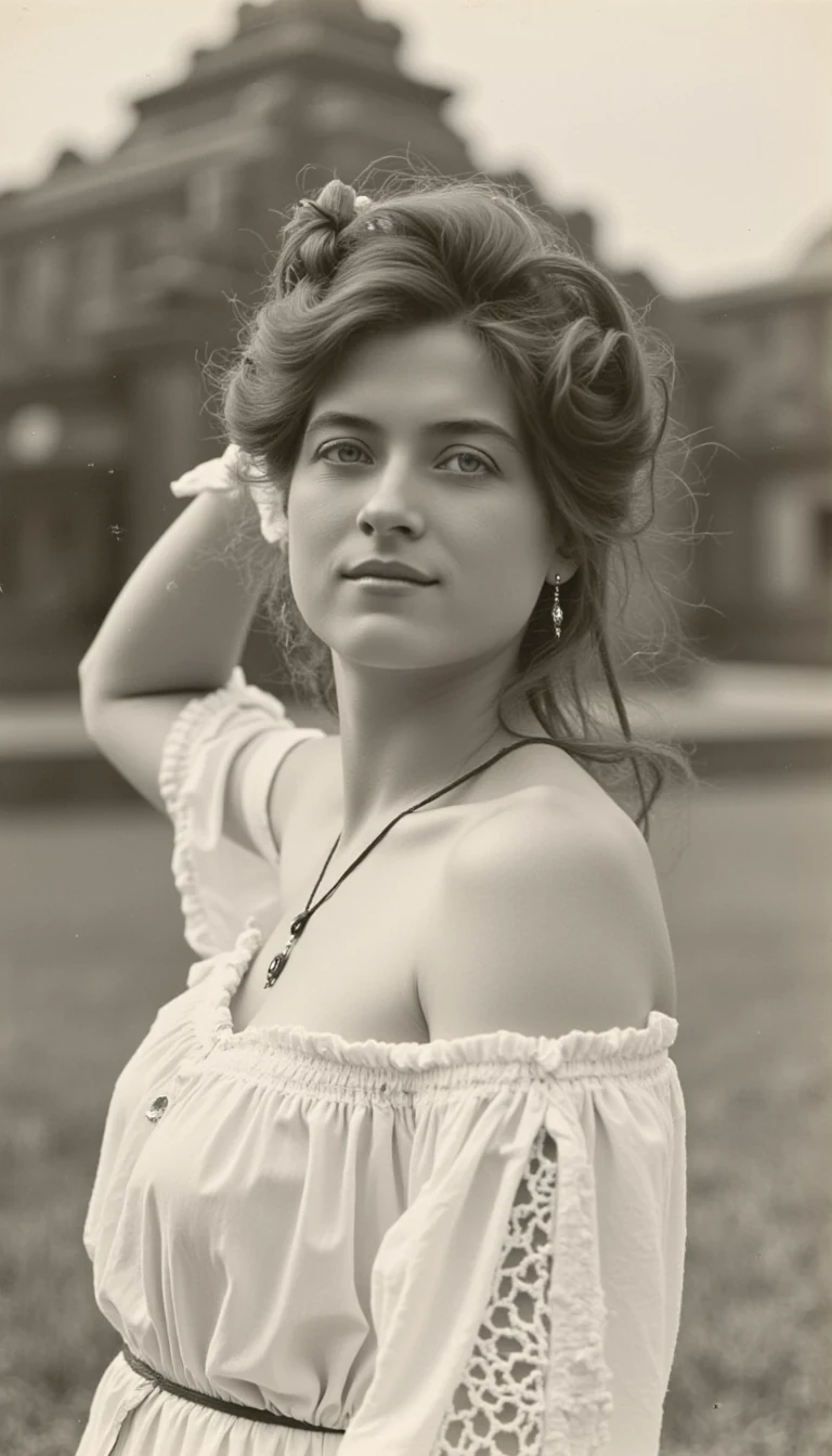 woman CSTMDL, photo ((medium)), old black and white photo, brunette, blue eyes, cold smile, 1900 covering white dress, small pendant, tied hair, big breast, thin waist, cambodian khmer ruins in background