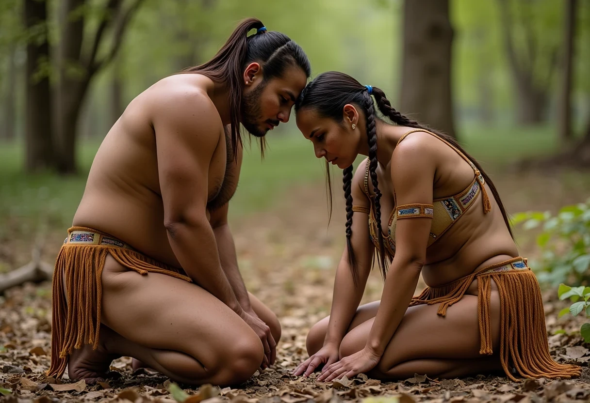 A medium shot photo of woman CSTMDL, a 25-year-old native American woman. The woman who is Native American in appearance has light tan skin tone, she is tall with a petite slender skinny build, petite small boobs, flat chest, her nipples are small petite and dark skinned with long hard pointy nipple ducts that visiblly poke through her bra. She is wearing her hair in a native American style with 2 long braids. She is wearing a sexy native American smoked hide outfit in a golden yellow color, in a wooded area she is bent over in front of a fat obese native American man with her legs spread  wide apart and her bum facing him, She is maintaining intense eye contact with the camera staring stoically without any other expression at all. The composition captures a casual, candid moment, romantic setting, Hyper realism, captured with a nikon d850, 16k, uhd, ultra-sharp focus, depth of field, perfect meshes and textures, highly detailed, highly accurate reflections, volumetric fog, volumetric lighting, volumetric light, hdr, ray tracing, cinematic shooting style,