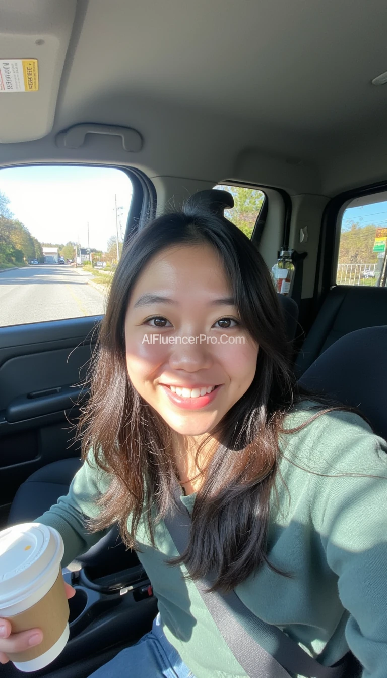 boring low quality snapchat photo circa 2015, A young Asian woman with a warm smile, sitting in the driver's seat of a cozy car. She has soft, wavy hair cascading past her shoulders. The sunlight streams through the window, casting a gentle glow on her face. The interior of the car is neat and comfortable, with a coffee cup in the cup holder and a small plant on the dashboard. The background outside the window shows a scenic road lined with trees and blue skies