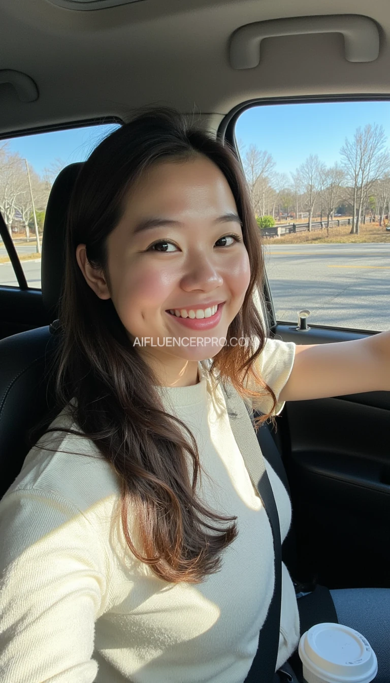 boring low quality snapchat photo circa 2015, A young Asian woman with a warm smile, sitting in the driver's seat of a cozy car. She has soft, wavy hair cascading past her shoulders. The sunlight streams through the window, casting a gentle glow on her face. The interior of the car is neat and comfortable, with a coffee cup in the cup holder and a small plant on the dashboard. The background outside the window shows a scenic road lined with trees and blue skies