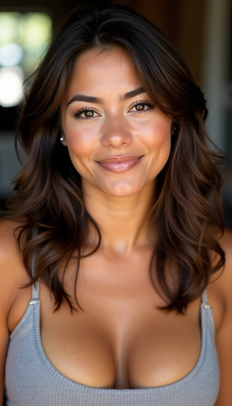 A DSLR portrait of a 20-year-old Brazilian woman with soft wavy dark brown hair, hazel almond-shaped eyes, light caramel skin tone, symmetrical oval face, full lips, delicate nose, arched eyebrows, wearing a gray ribbed tank top showing cleavage, smiling subtly. Lighting is natural and soft. Focus on facial consistency and same features as previous image.