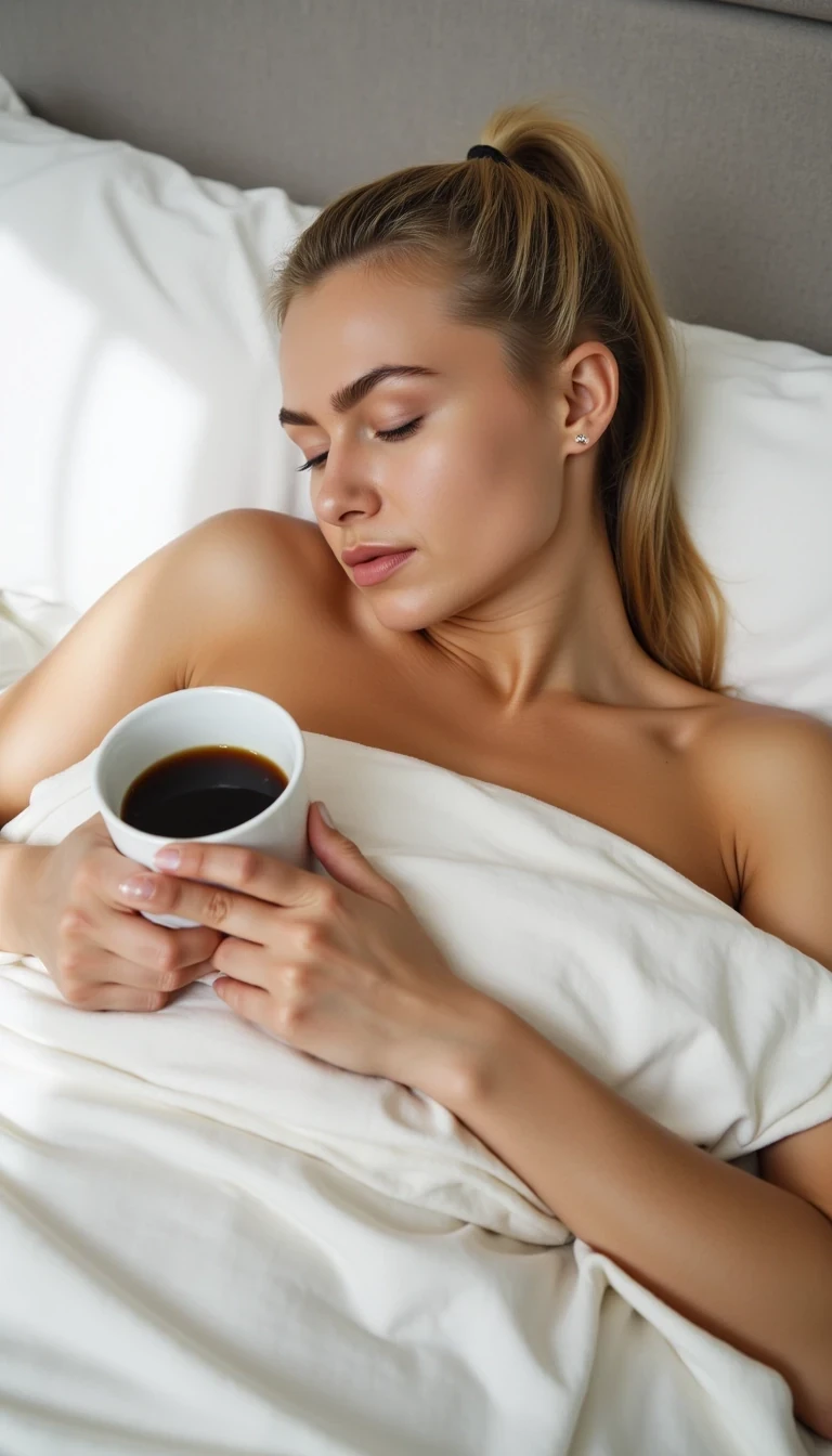 CSTMDL Mia. A fair-skinned young woman in her 20s with a blonde high ponytail and an athletic, feminine build. She lies in bed on her side, partially covered by soft white bedsheets. Her posture is relaxed and sleepy. She holds a coffee mug loosely in one hand near her chest. The light is soft and natural, morning atmosphere. Her expression is tired but calm, eyes half open, no smile, no eye contact with the camera.
