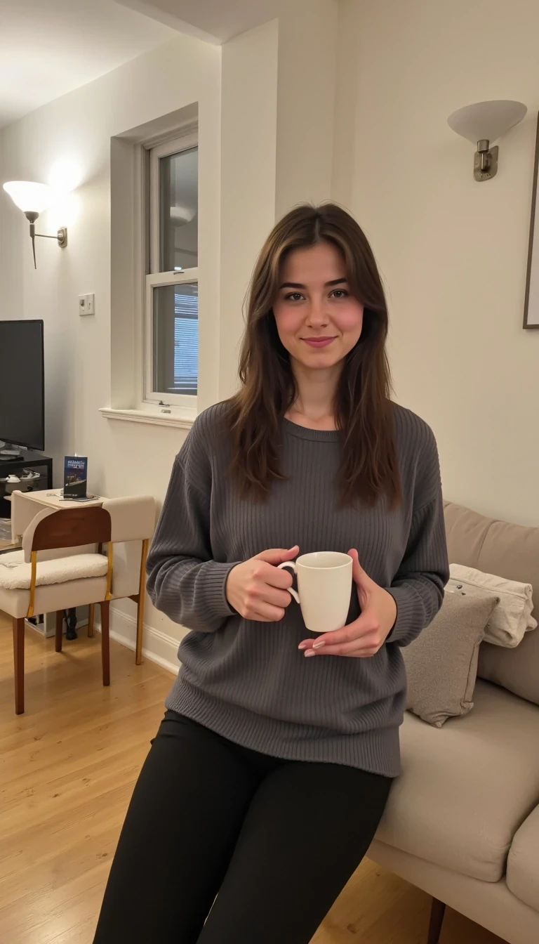 boring low quality snapchat photo circa 2015, cute woman, CSTMDL, She should look exactly like the AI trained "OLIVIA RENDERED BETTER",  the morning, sitting in a modern apartment dining room having coffee, instagram photo, instagram