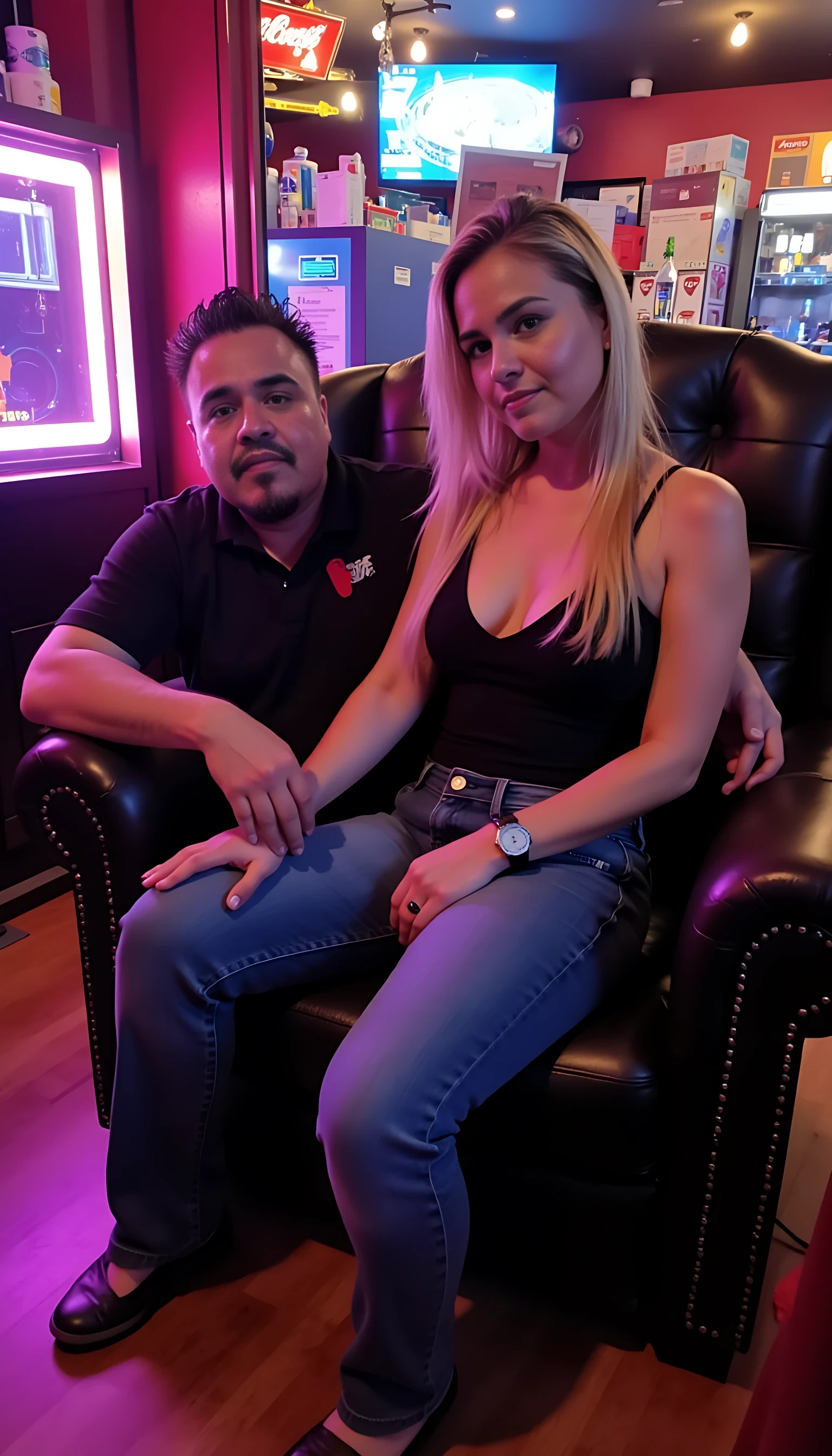 Man full average body seating on a king chair with a beautiful blonde woman with blue eyes wearing sexy jeans seating on his lab with a night club background 